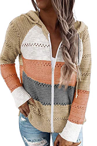 Acelitt Women Ladies Lightweight Long Sleeve Full Zipper color Block Knited  Sweaters Hoodies Sweatshirts Pullover Small Multicol