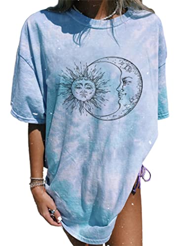 Remidoo Womens Short Sleeve Sun And Moon Print Tie Dye T Shirt Top Casual Tees Loose Blouse Blue Small
