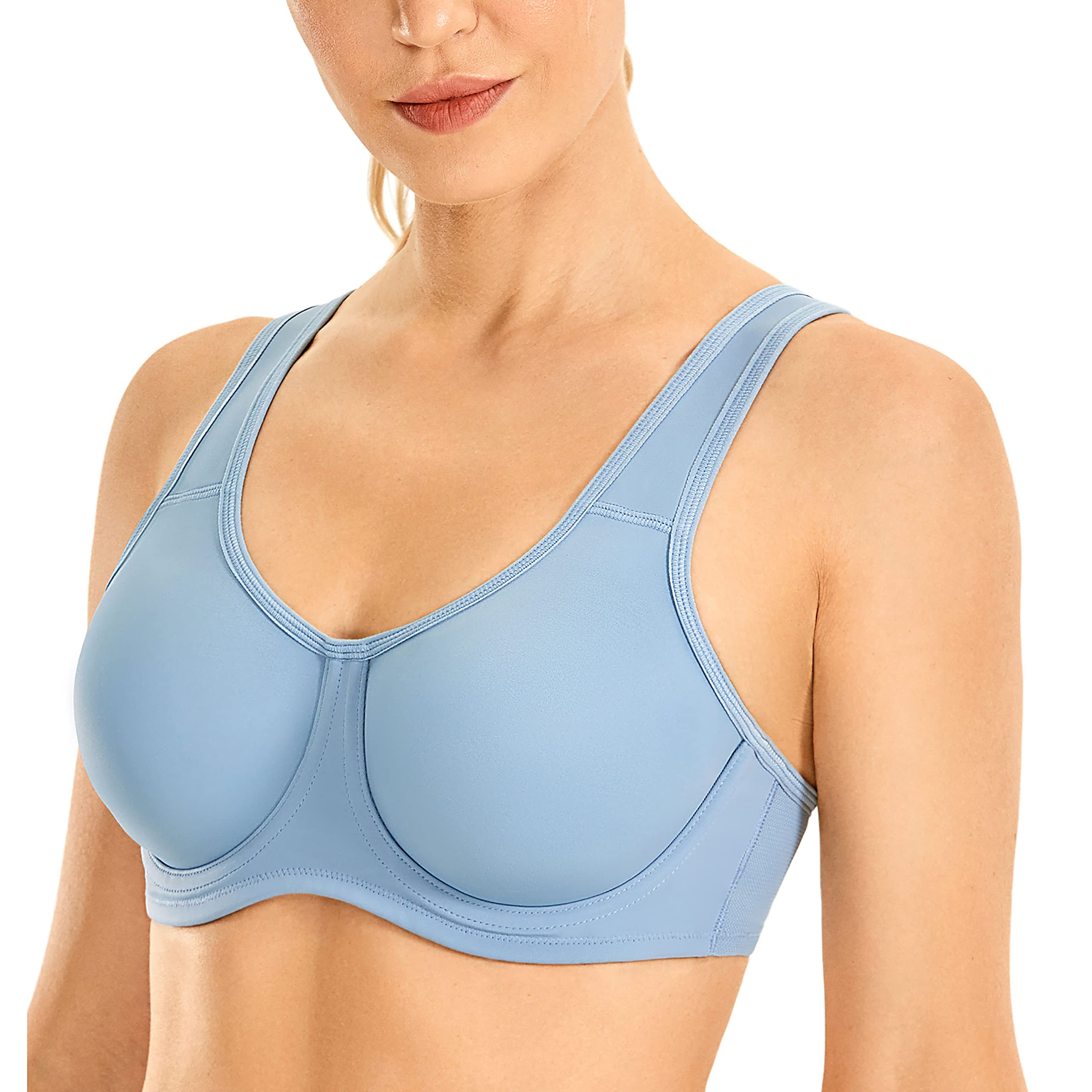 SYROKAN Womens Max control Underwire Sports Bra High Impact Plus Size with Adjustable Straps Lotus Root grey Blue 38F