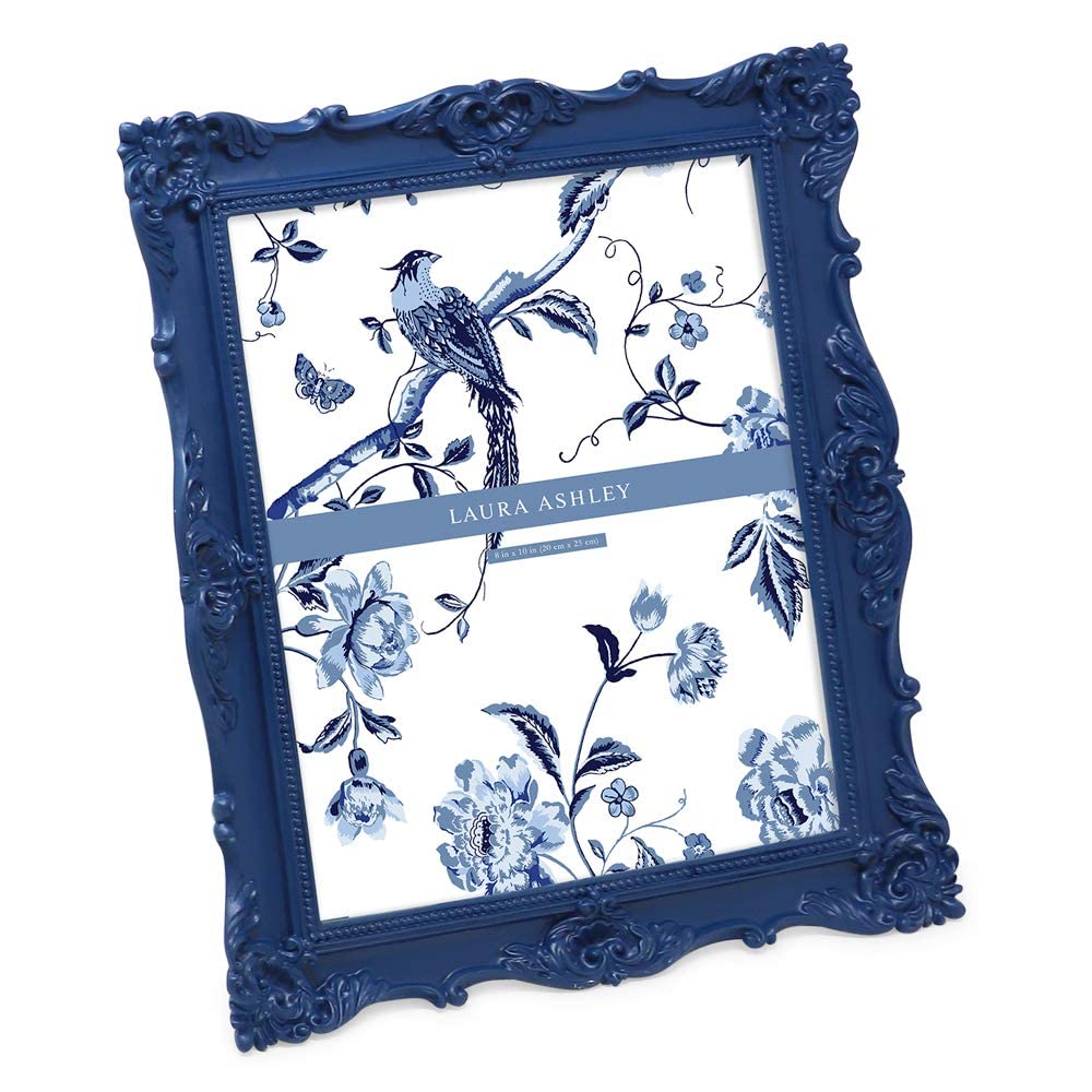 Laura Ashley 8x10 Navy Ornate Textured Hand-crafted Resin Picture Frame with Easel Hook for Tabletop Wall Display, Decorative Fl