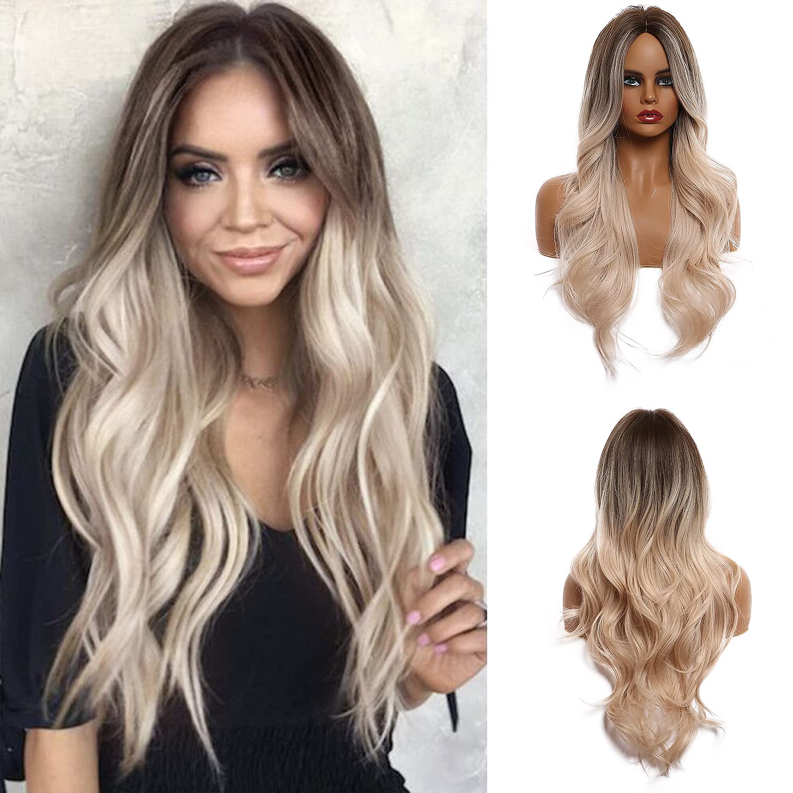 Esmee Long Ombre Brown Blonde Platinum High-Temperature Synthetic Wigs For Black Woman Water Wave Middle Part Cosplay Wig