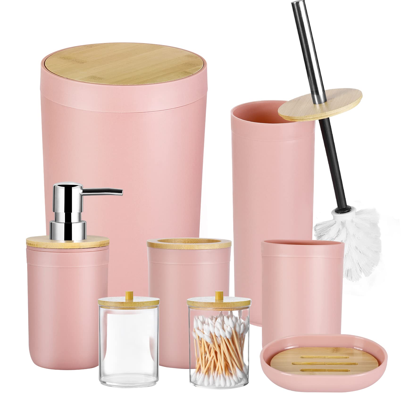 iMucci Imucci 8Pcs Pink Bathroom Accessories Set - With Trash Can,Toilet  Brush,Toothbrush Holder, Lotion Soap Dispenser, Soap Dish,Toot
