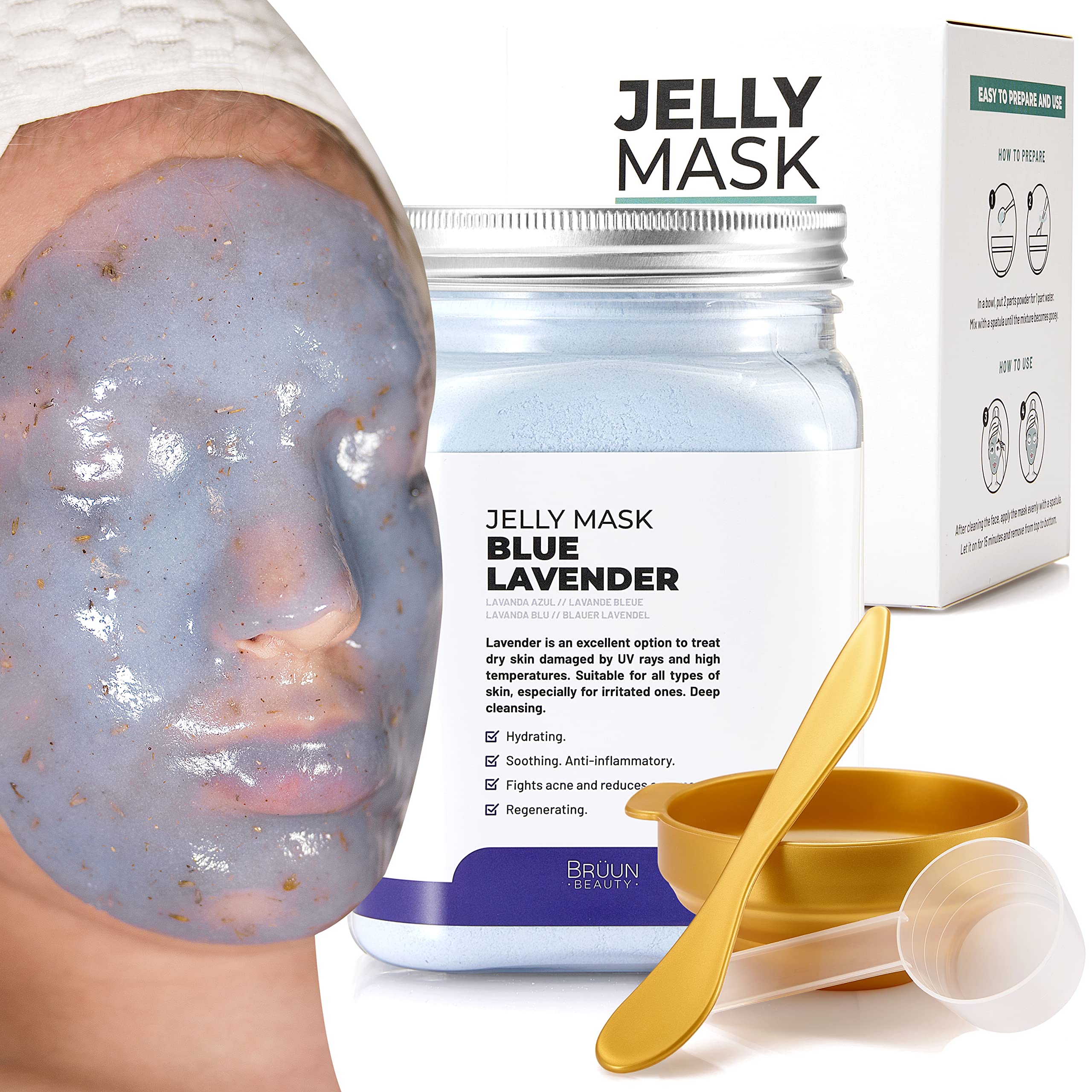 BRUN Braun Jelly Mask Jar Blue Lavender Peel-Off Face Care Rubber Mask 23 Fl Oz Skin Care Moisturizing Gel Mask Jar Spa Set