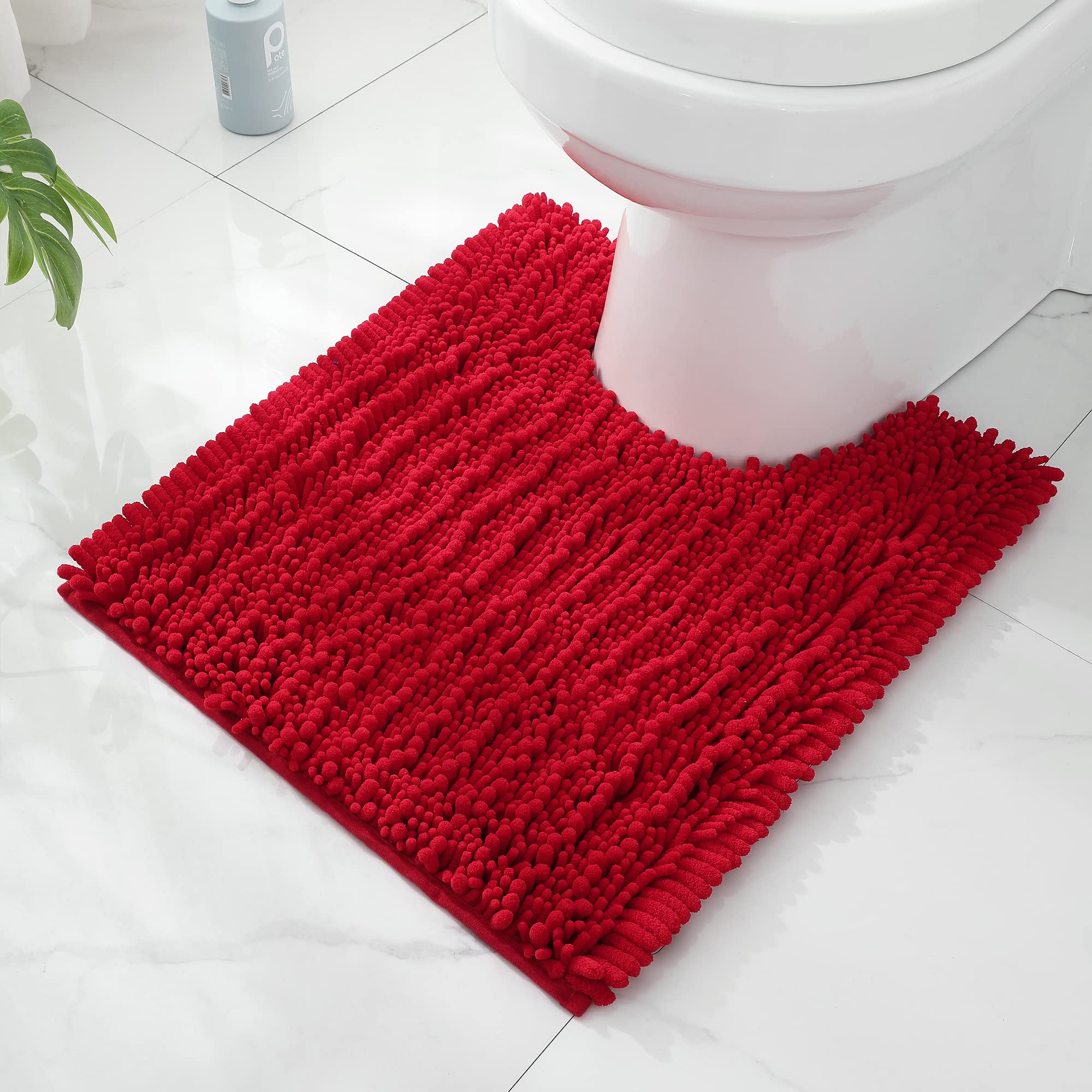 Floleopa Bathroom Contour Rug (24 X 20 Inches, Red) Non-Slip Bath Mat For Bathroom Water Absorbent Soft Microfiber Shaggy Bathro