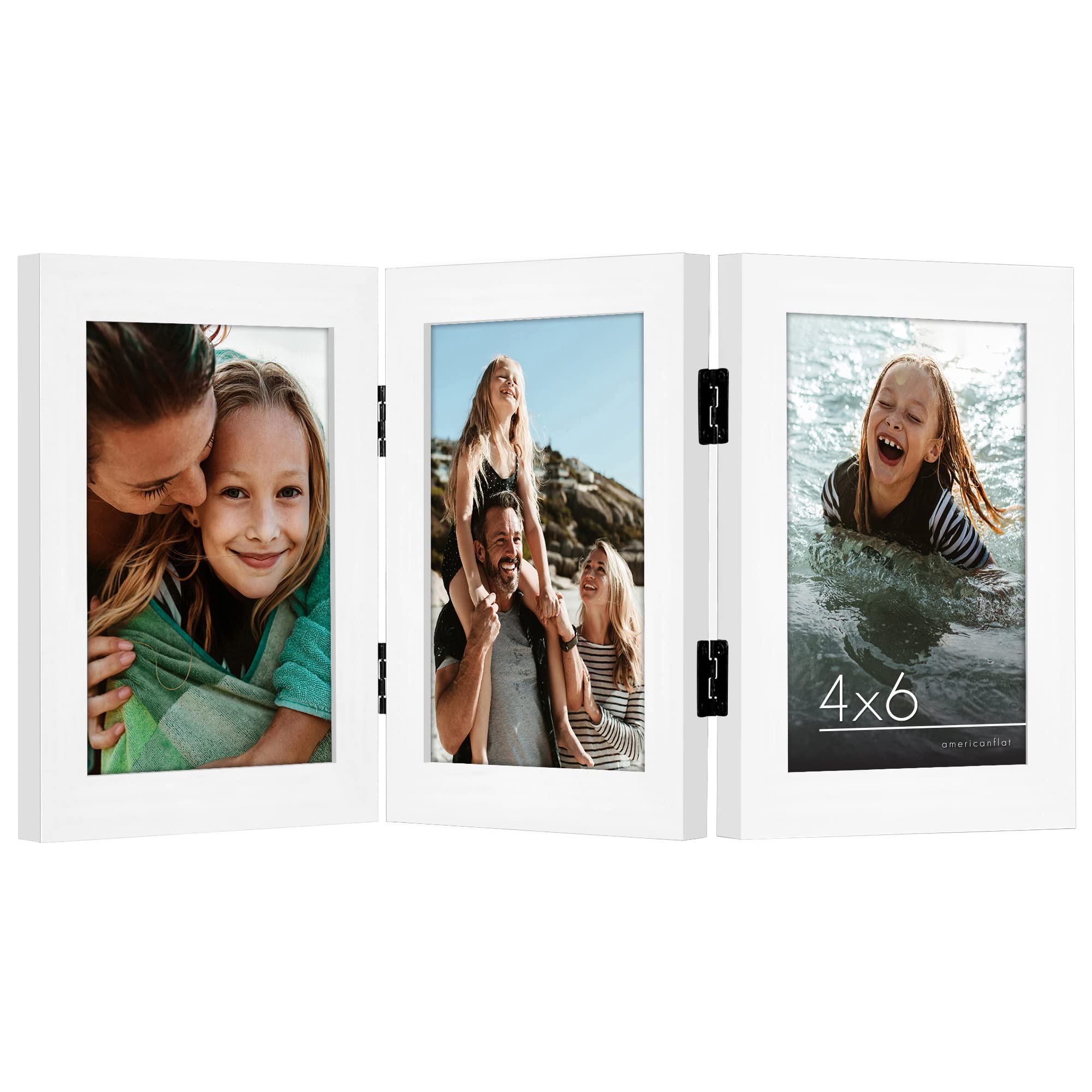 Americanflat Hinged 3 Photo Frame in White MDF - Desk Photo Frame for 4x6 Photos - Tri Folding Picture Frame For Desk - Displays