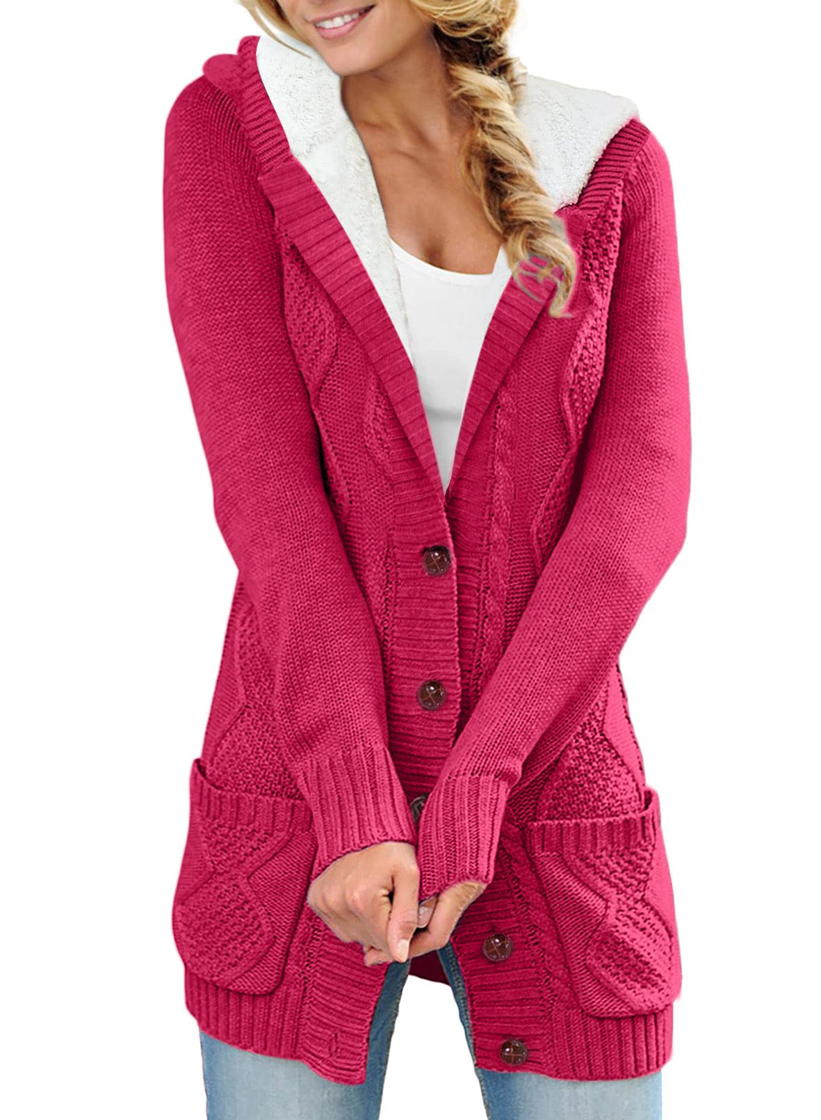 Sidefeel Women Hooded Fleece Lined Sweater Cardigan Button Down Front Winter Coat Medium Rose
