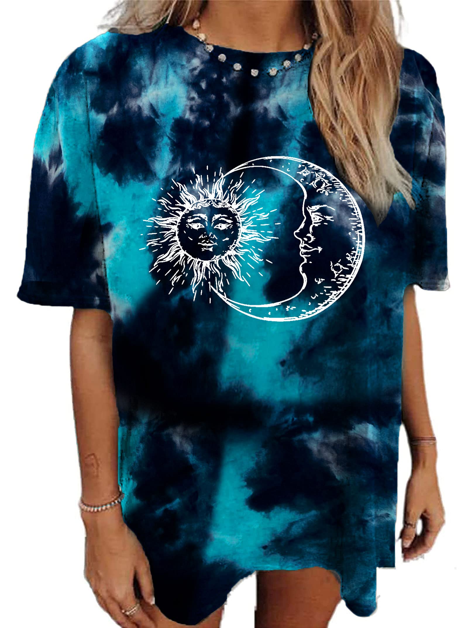 Remidoo Womens Short Sleeve Sun And Moon Print Tie Dye T-Shirt Top Casual Tees Darkcyan Small
