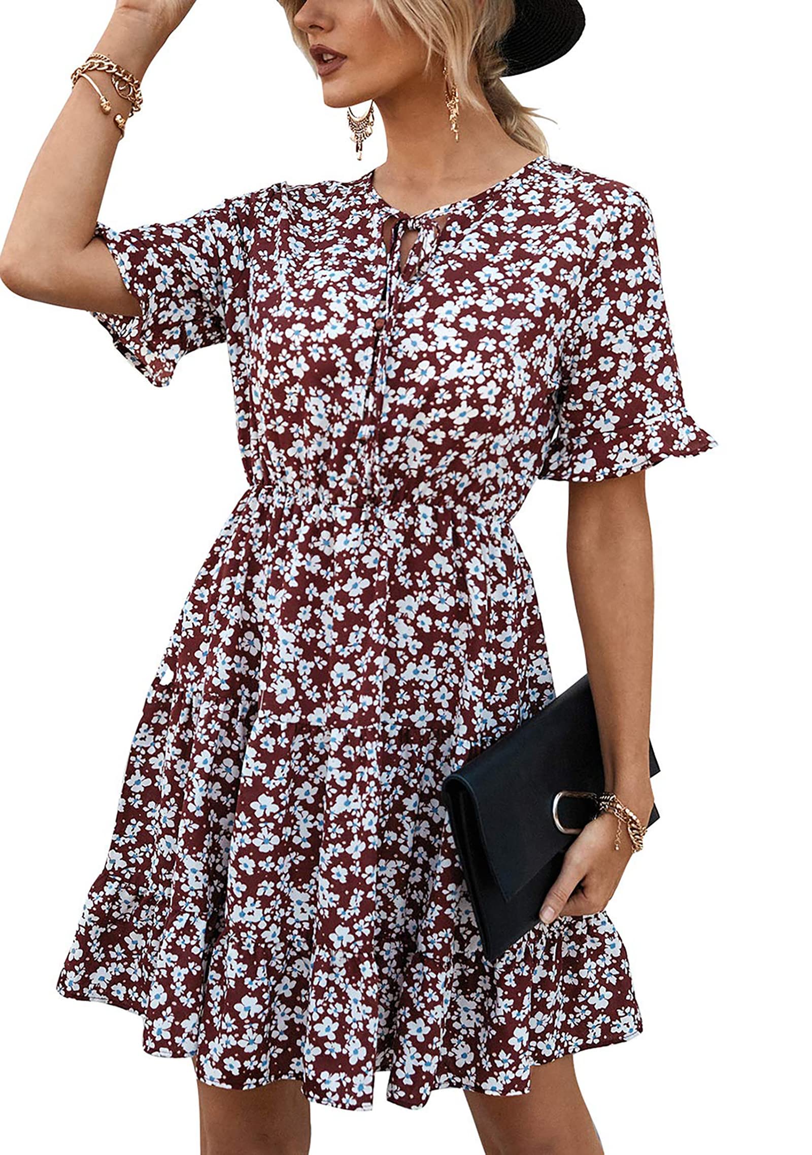Kirundo 2023 Womens Summer Dresses Ruffle Short Sleeve Tie Neck Floral Leopard Print High Waist Mini Dress A-Line Sun Dress(Medi