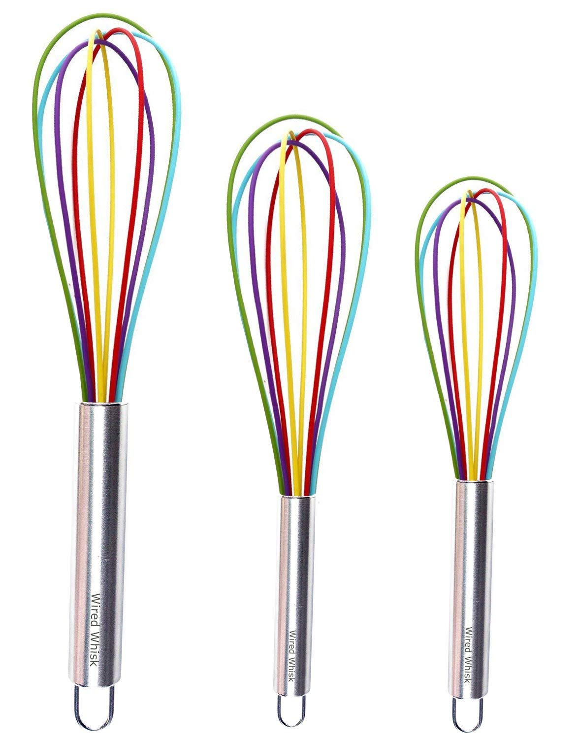 Wired Whisk Silicone Whisk Set Of 3 - Stainless Steel Silicone Non-Stick Coating - Colored Balloon Egg Beater For Blending, Whisking, Beatin