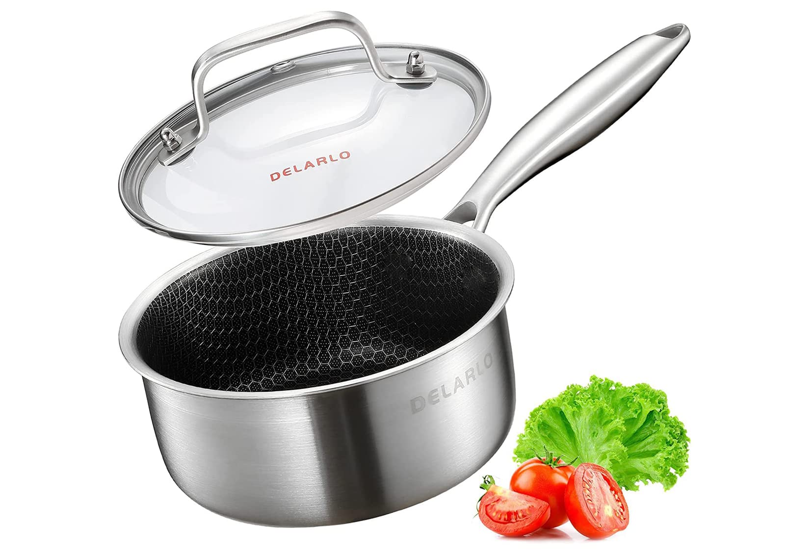 Delarlo Sauce Pot, Saucepan Hybrid Stainless Steel With Glass Lid, 188 Tri-Ply Stainless Steel Sauce Pan, Nonstick Honeycomb Ind