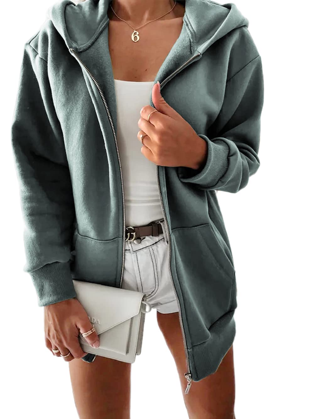 Yousify Women casual Full Zip Up Plush Hoodie comfy Loose Solid Sweatshirt  Long Sleeve Jacket with Pockets Blue grey