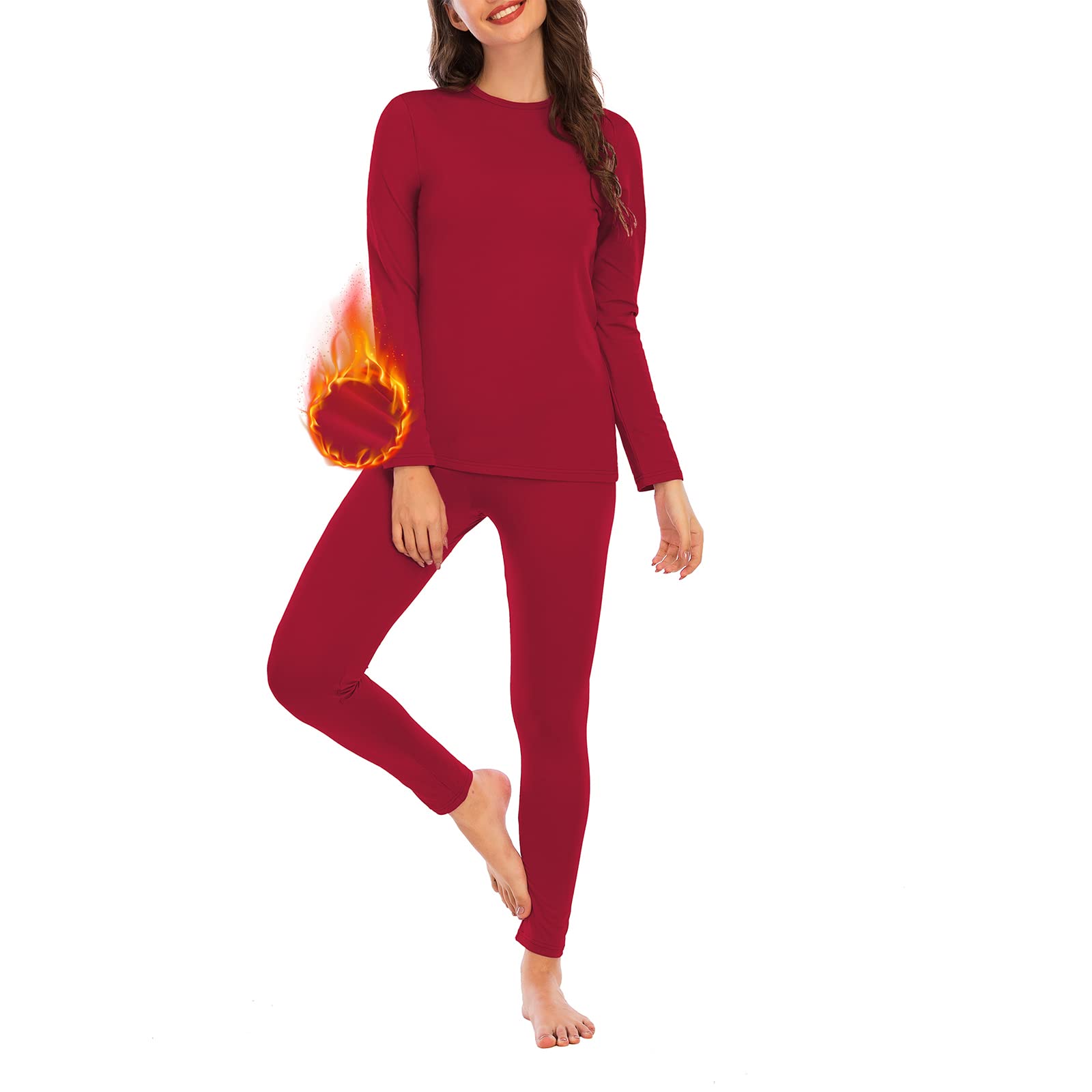American Trends Womens Thermal Underwear Set Long Johns Base Layer Fleece Lined Top and Bottom Plus Size Thermals Sets Loungewear Red XX-Large