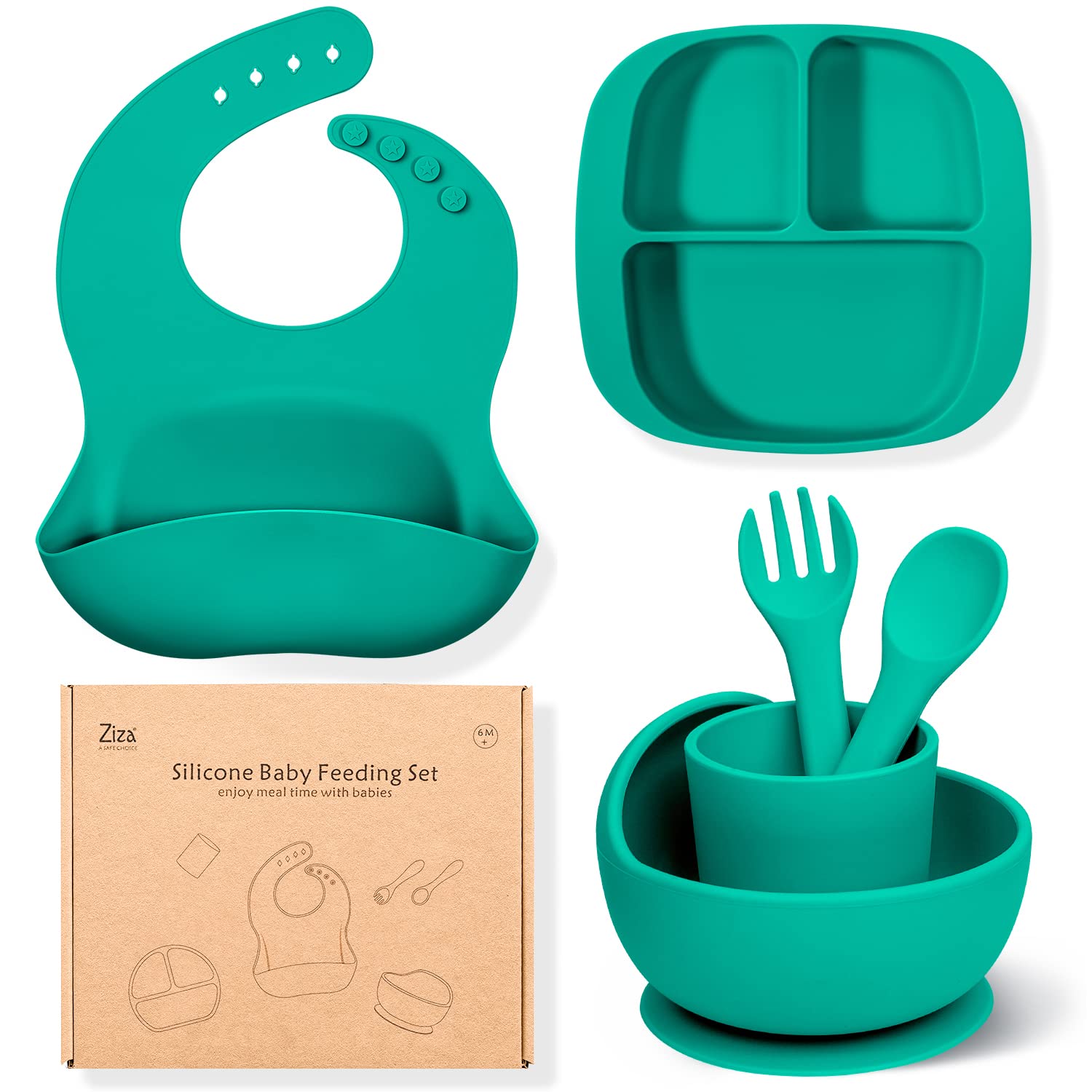 ZIZA Baby Led Weaning Supplies For Toddlers Ziza Silicone Baby Feeding Set  Of 6-Infant Solid Feeding Utensils Kids Divided Suction Pl
