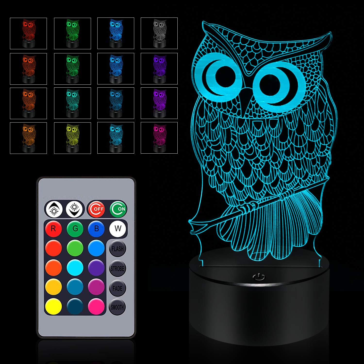 Bassi Owl Gifts 3D Owl Lamp, Touch Remote Control - 16 Color Change Night Light - Bedroom Decoration Toys Mothers Day Valentines