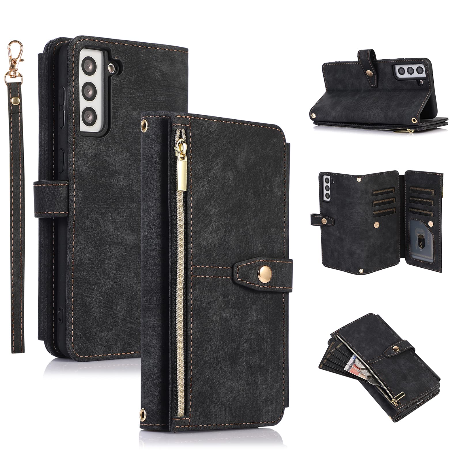 Ueebai Case For Samsung Galaxy S21 Fe 5G, 9 Card Slots Retro Leather Wallet Shockproof Flip Cover With Hand Strap Card Slots Zip