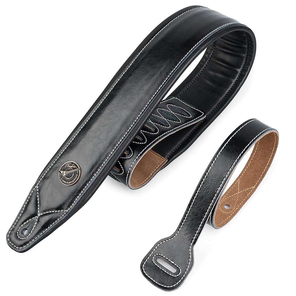 Rinastore Guitar Strap Leather 3 Inch Wide Full Grain Padded Soft Leather Strap For Acoustic, Electric And Bass Guitars