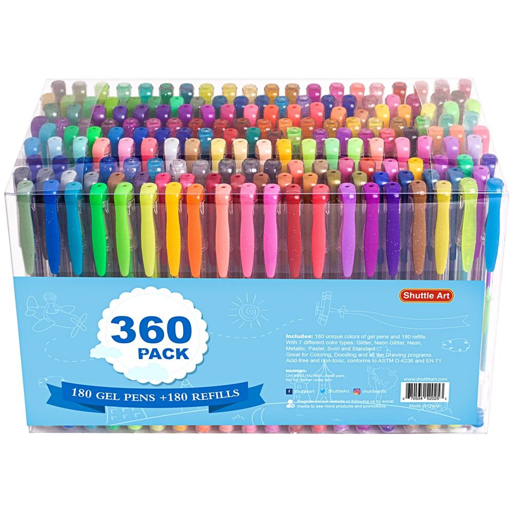 Shuttle Art 360 Pack Gel Pens Set, 180 Colors Gel Pen Set Plus 180 Color Refills Perfect For Adult Coloring Books Doodling Drawi