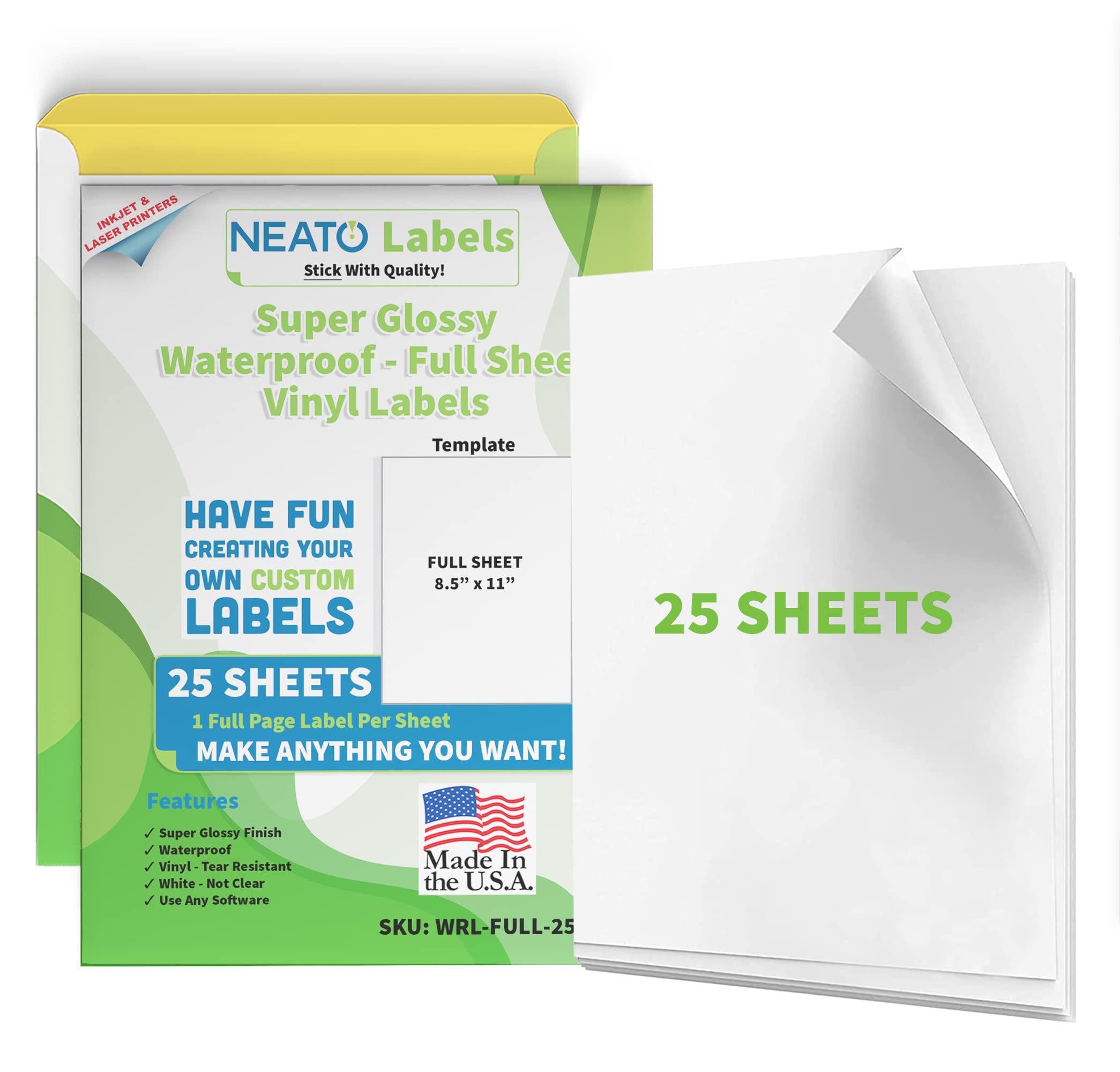 Neato Printable Vinyl Sticker Paper - Waterproof Sticker Paper For Inkjet And Laser Printer - 25 White Full Sheet Super Glossy Craft L