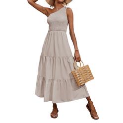 BTFBM Women One Shoulder Sleeveless casual Summer Dresses 2023 Smocked High Waist Floral Flowy Beach Boho Maxi Dress(Solid Light