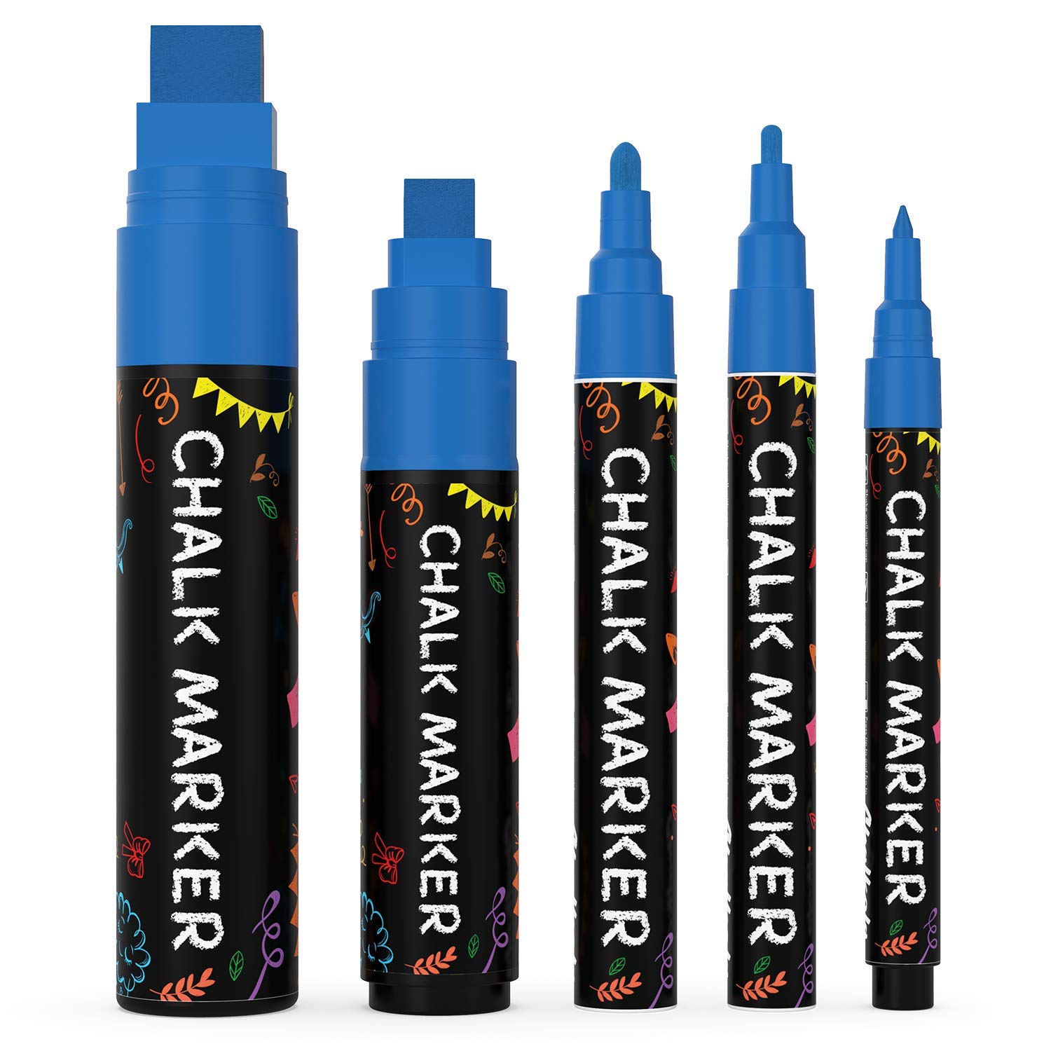 Chalkola 5 Blue Chalkboard Chalk Pens - Blue Dry Erase Markers For Blackboard, Chalkboard Signs, Windows, Glass Variety Pack - Fine Jumbo