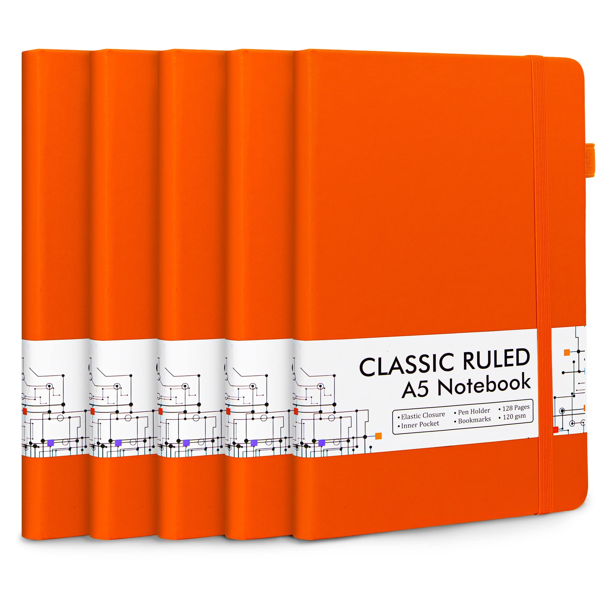 Feela 5 Pack Journal Notebook Bulk For School, Feela Hardcover Business Notebooks Classic Ruled Lined Journals With Pen Holder For Wor