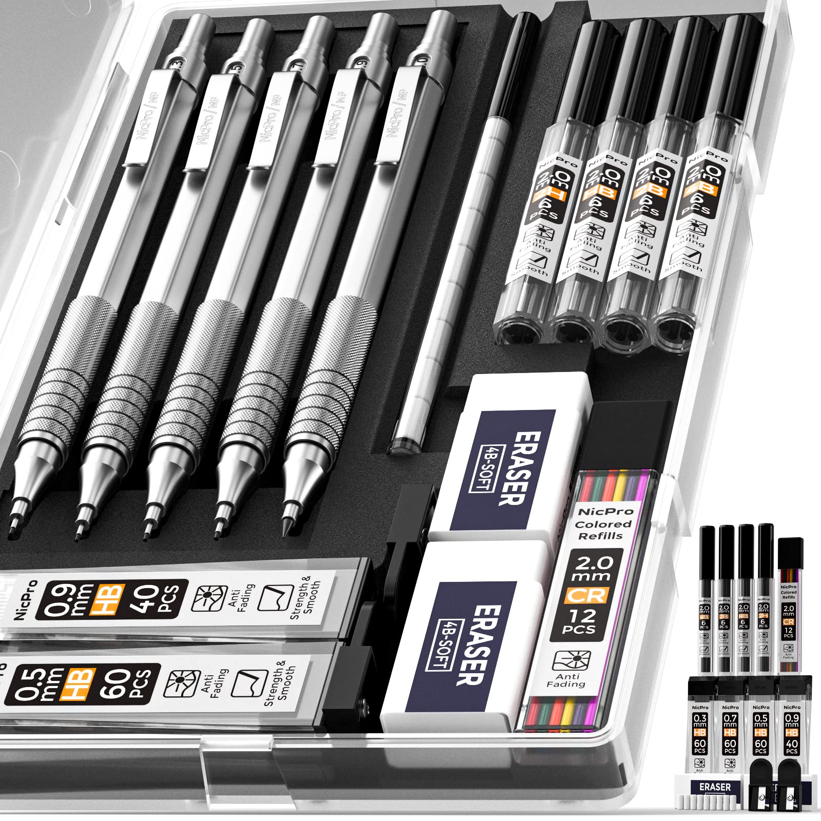 1 Nicpro 5 Pcs Art Mechanical Pencil Set, Metal Drafting Pencils
