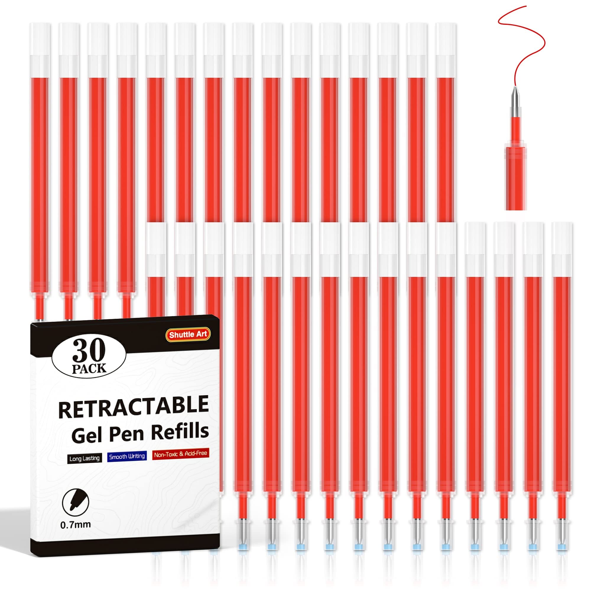 Shuttle Art Retractable Gel Pen Refills, 30 Pack Red Rollerball Gel Ink Pens Refills, Bulk Set, 07Mm Fine Point For Writing Jour