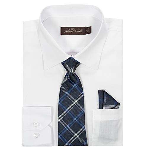 Alberto Danelli Boys Dress Shirt With Matching Tie And Handkerchief, Long Sleeve Button Down, Pocket, White D, 1416