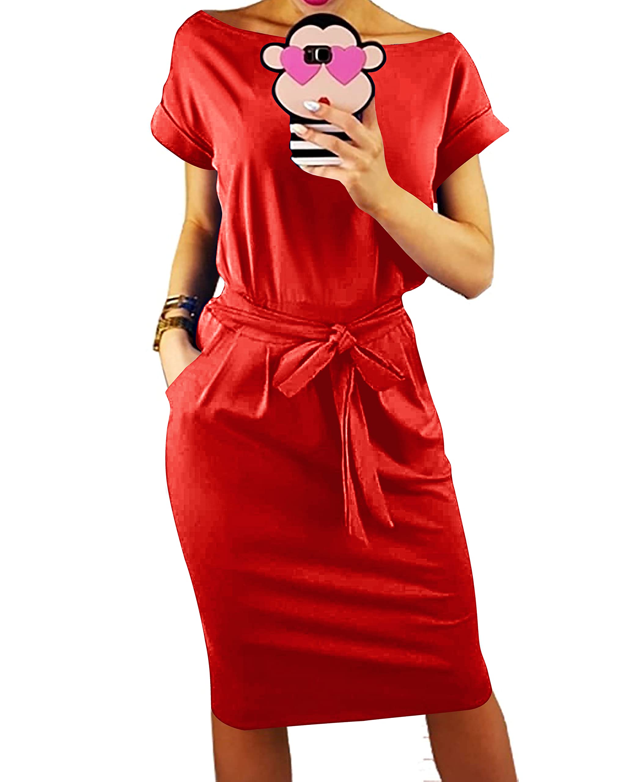 Prettygarden Womens Summer Short Sleeve Crewneck Striped Dress Basic Solid Tie Waist Office T Shirt Dresses Pockets Red