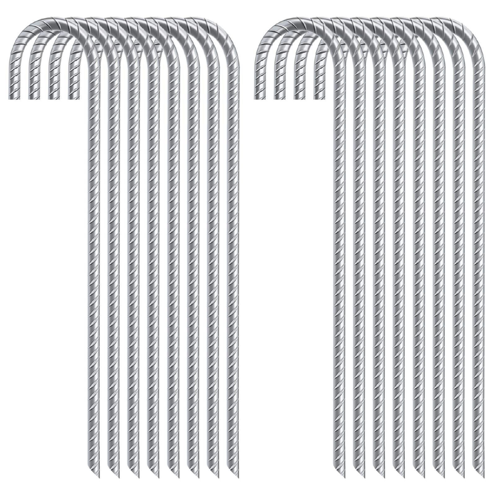 Feed Garden 16 Inch 16 Pack Rebar Stakes Heavy Duty J Hook, Ground Stakes Tent Stakes Steel Ground Anchors, Silver