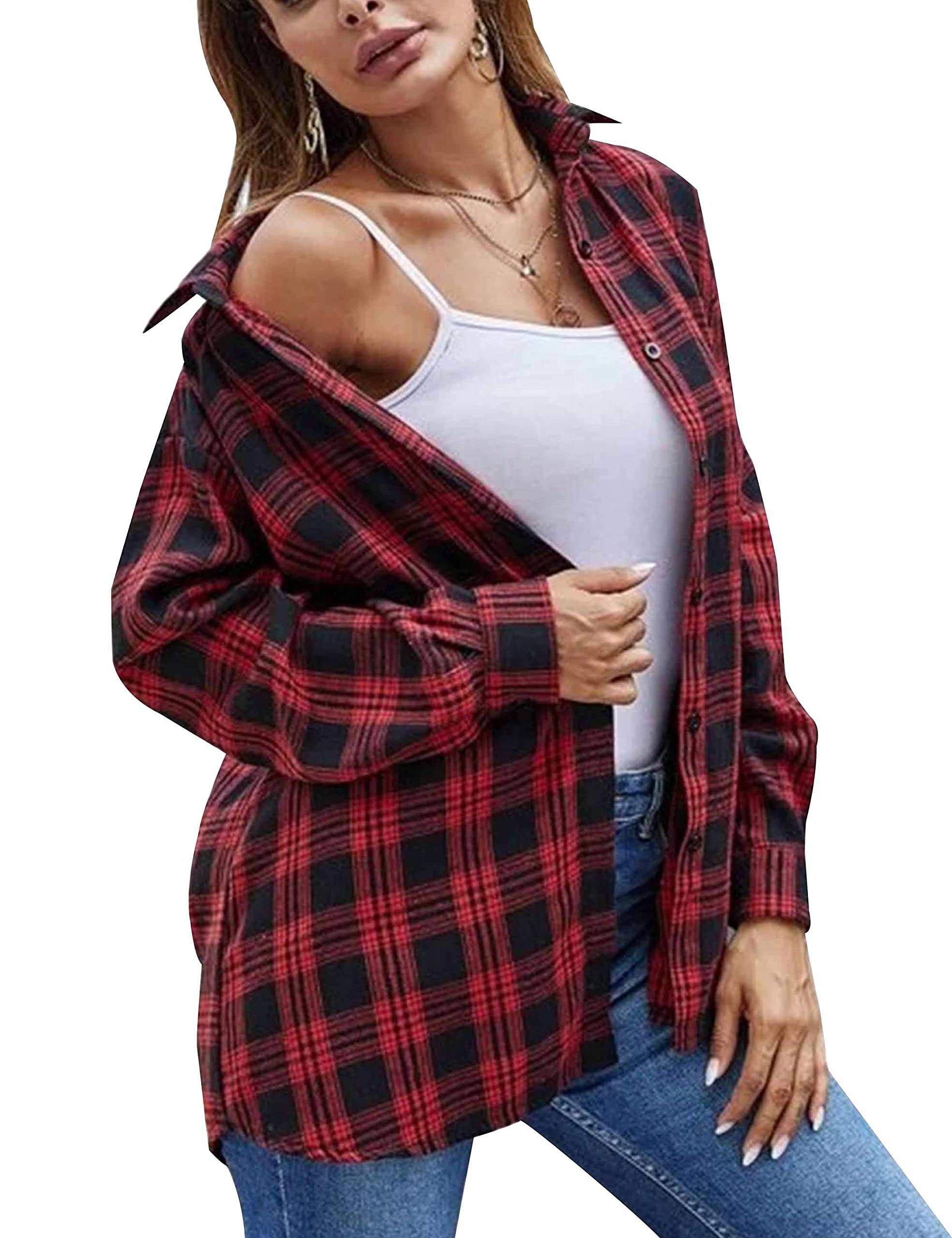 HangNiFang Black and Red Flannel Shirt for Women Oversized Plaid Shirts Long Sleeve Button Down Shirts Blouse(0368-Red-XXL)