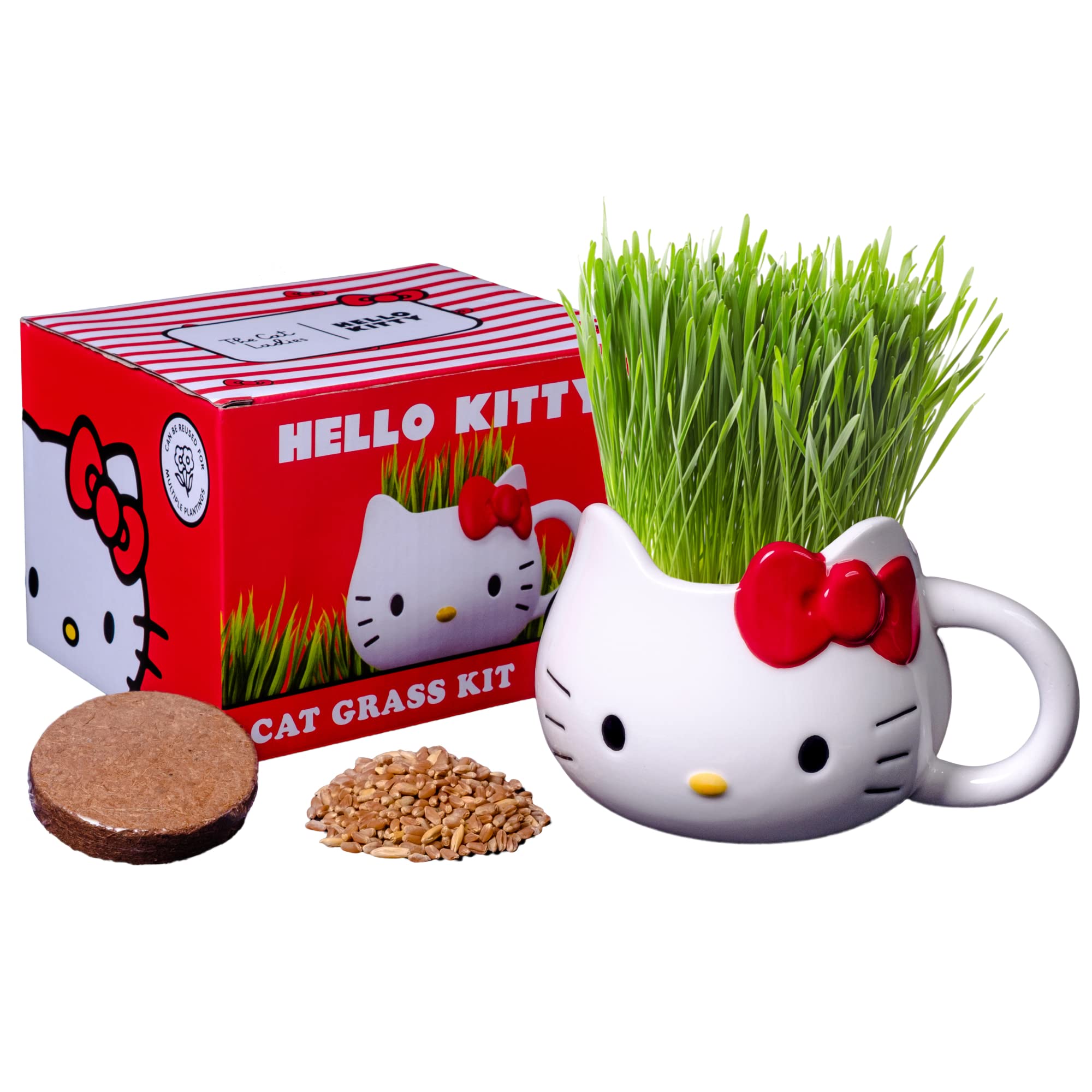 The Cat Ladies Hello Kitty Organic Cat Grass Growing Kit With Organic Seed Mix, Soil And Hello Kitty Mug Planter Natural Hairbal