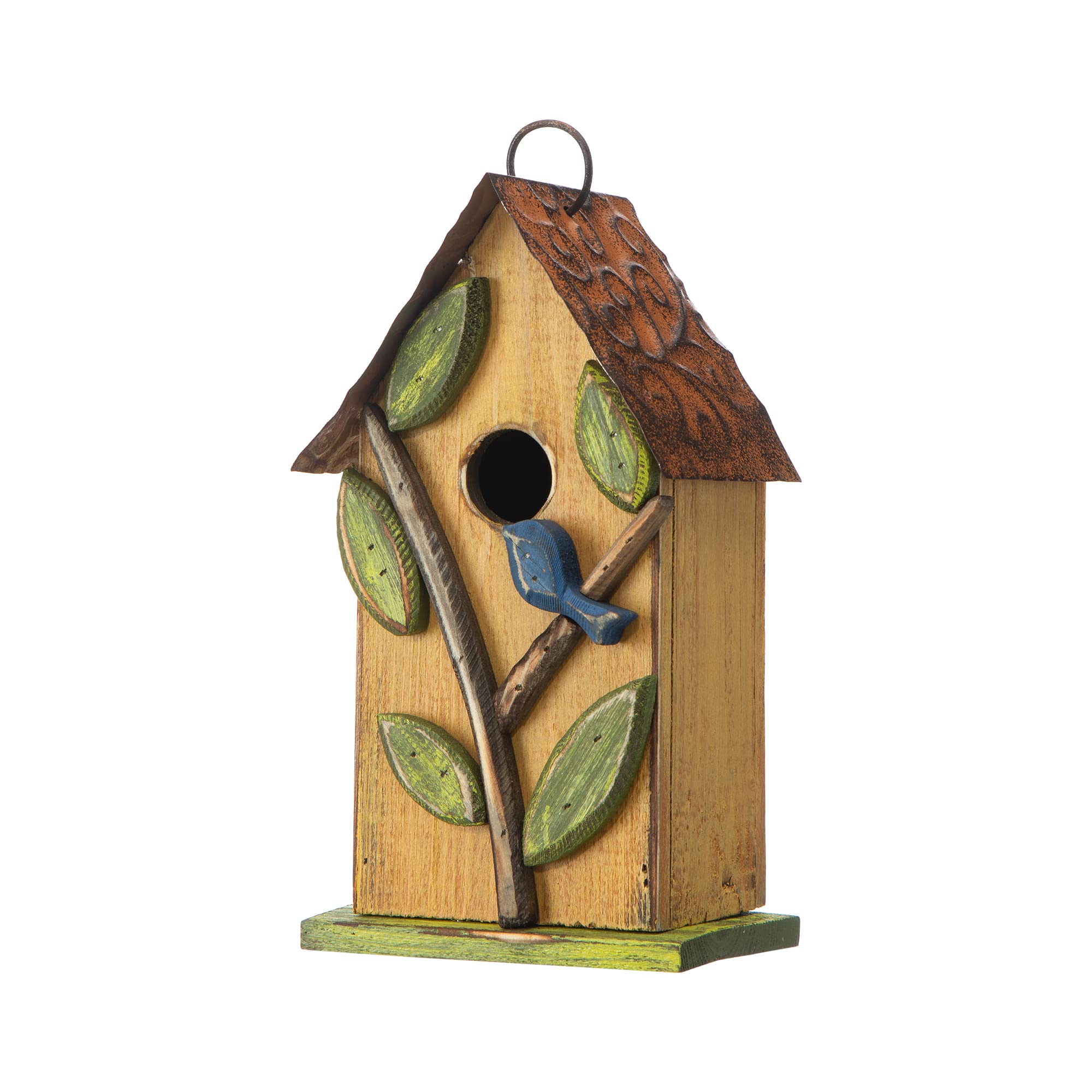 Glitzhome 97 H Hanging Birdhouse For Outdoor Patio Garden Decorative Pet Cottage Distressed Wooden Birdhouse, Leaves Rustic Yell