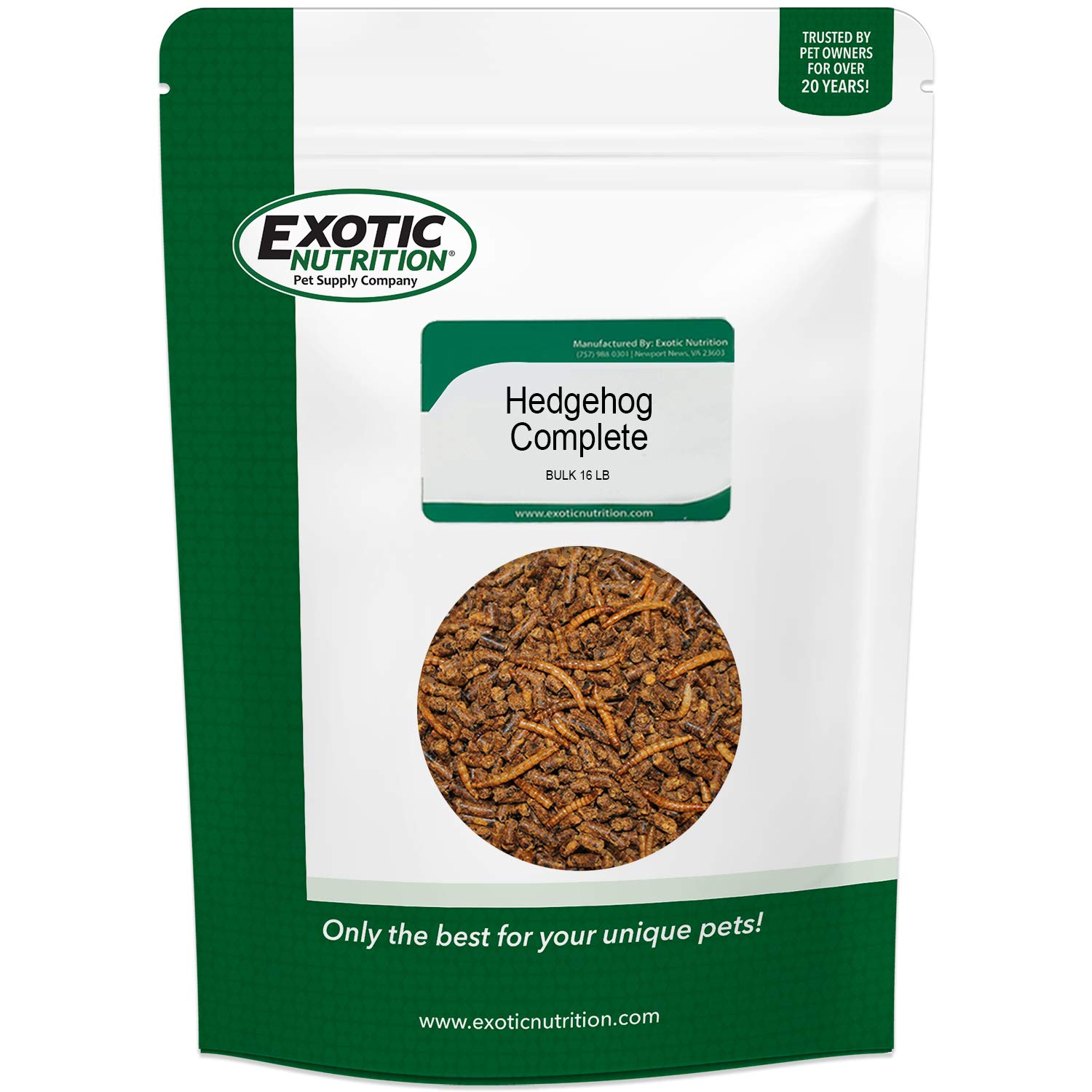 Exotic Nutrition Hedgehog Complete 16 Lb - Nutritionally Complete Natural Healthy High Protein Pellets Dried Mealworms - Food For Pet Hedgehogs