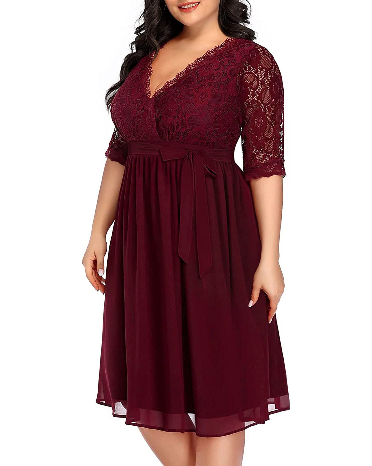 Pinup Fashion Plus Size Cocktail Dresses Women Burgundy Red Lace Top Chiffon Wedding Guest Semi-Formal Maroon Evening Party Wrap