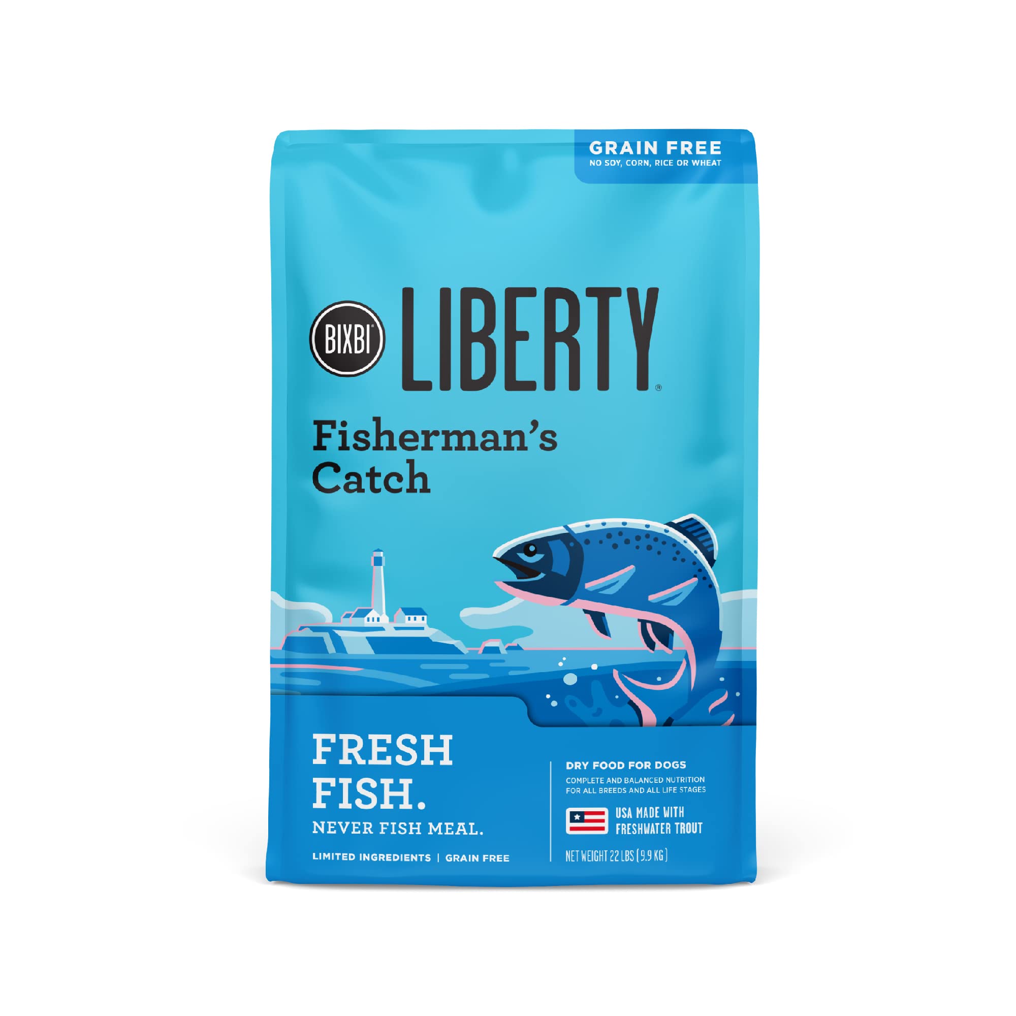 BIXBI Liberty grain Free Dry Dog Food, Fishermans catch, 22 lbs - Fresh Fish, No Fish Meal - gently Steamed & cooked - No Soy, c
