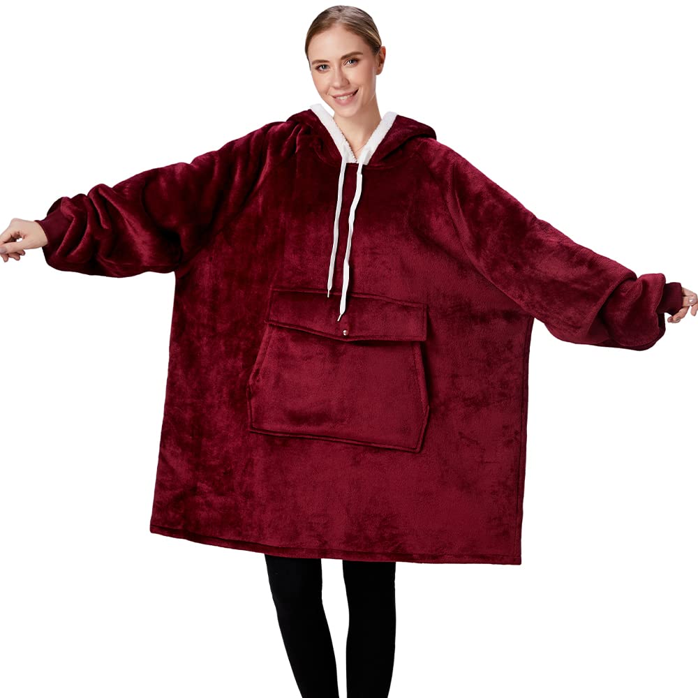 Qeils Oversized Wearable Blanket Hoodie, comfy Sherpa Sweatshirt Pullover Jacket(Burgundy,Adult)