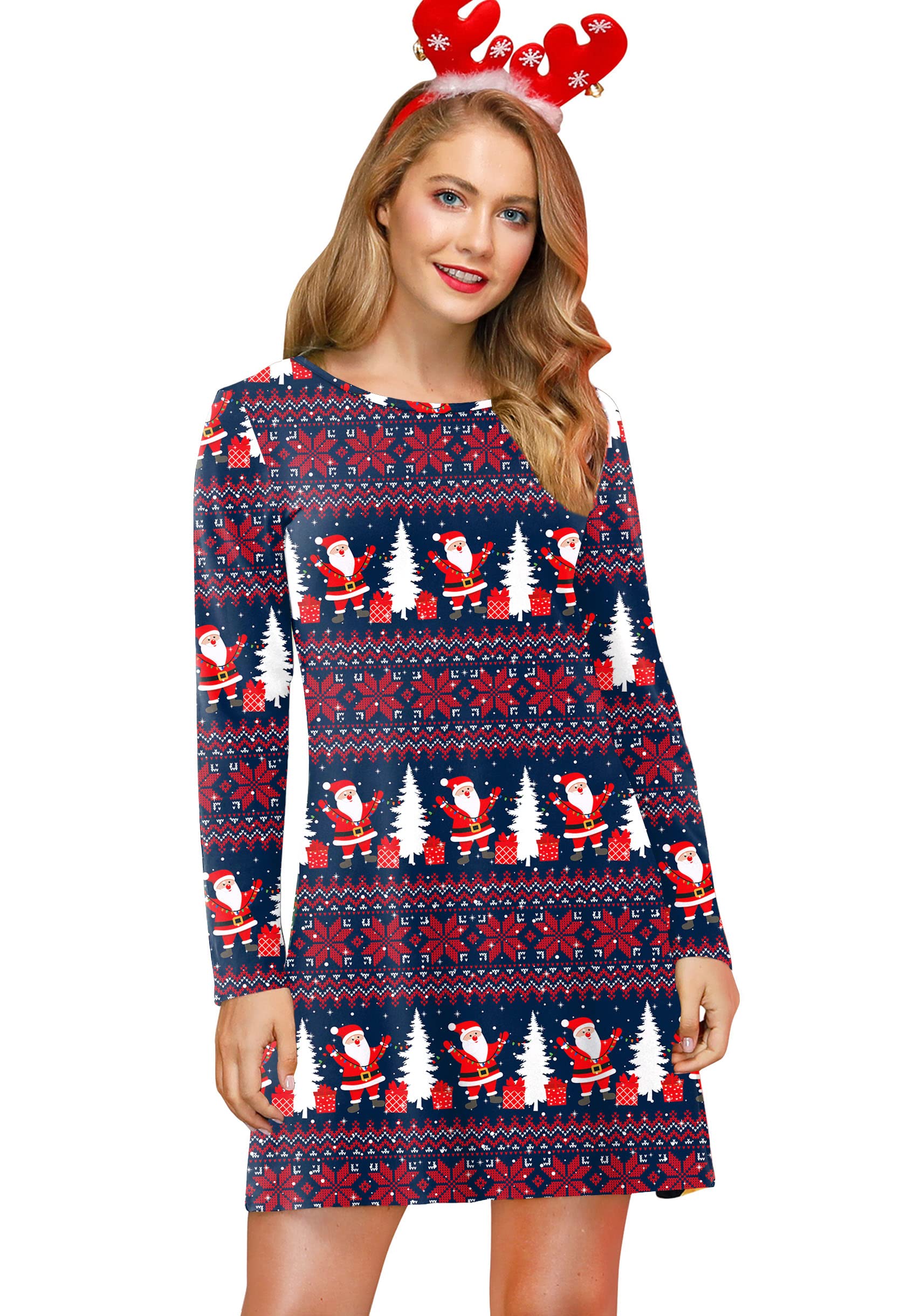 For G And Pl Womens Xmas Printed Christmas Dress Long Sleeve Fitted Bodycon Dresses Santa Christmas Tree 2Xl
