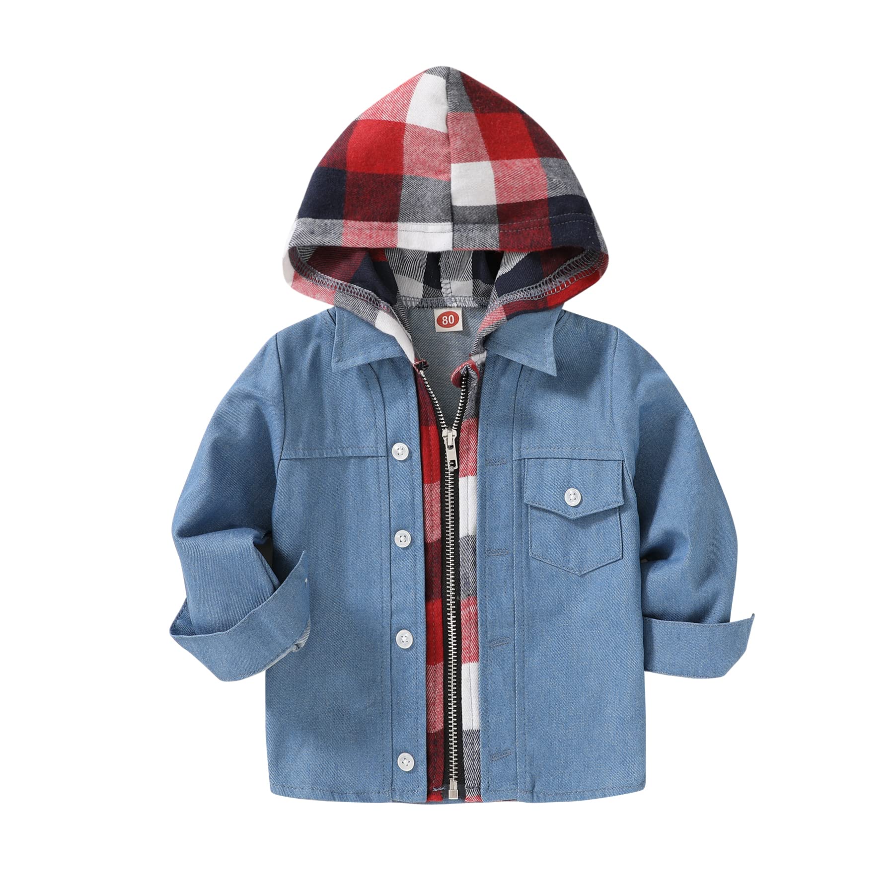 Younger Star Toddler Kidsbaby Boys Hooded Plaid Shirt Classical Shirt Hooded Jacket Fall Winter Clothes (Denim Blue, 3-6 Months)
