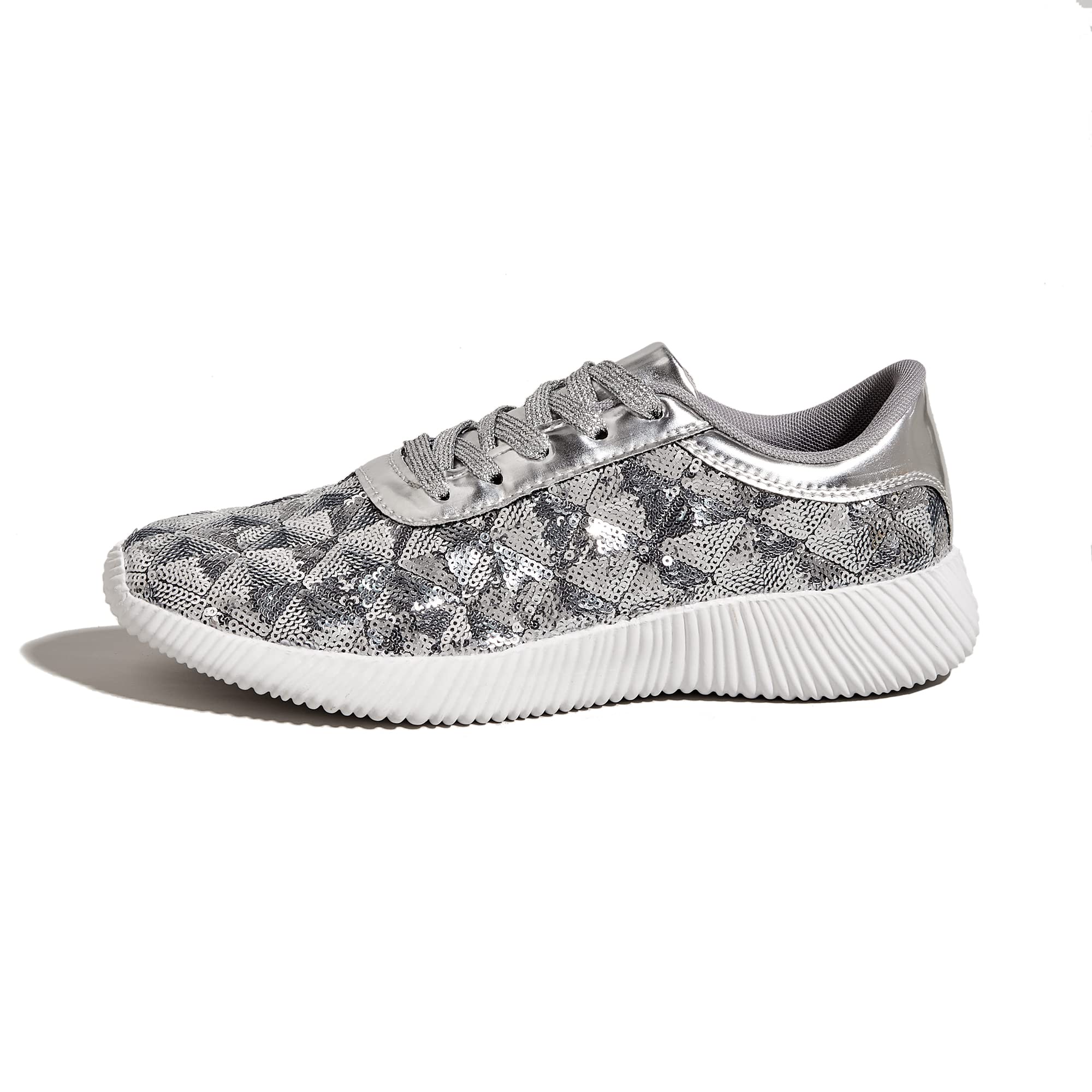 Belos Womens Glitter Shoes Sparkly Lightweight Metallic Sequins Tennis  Shoes(85B(M) Us, Silver Sequins)