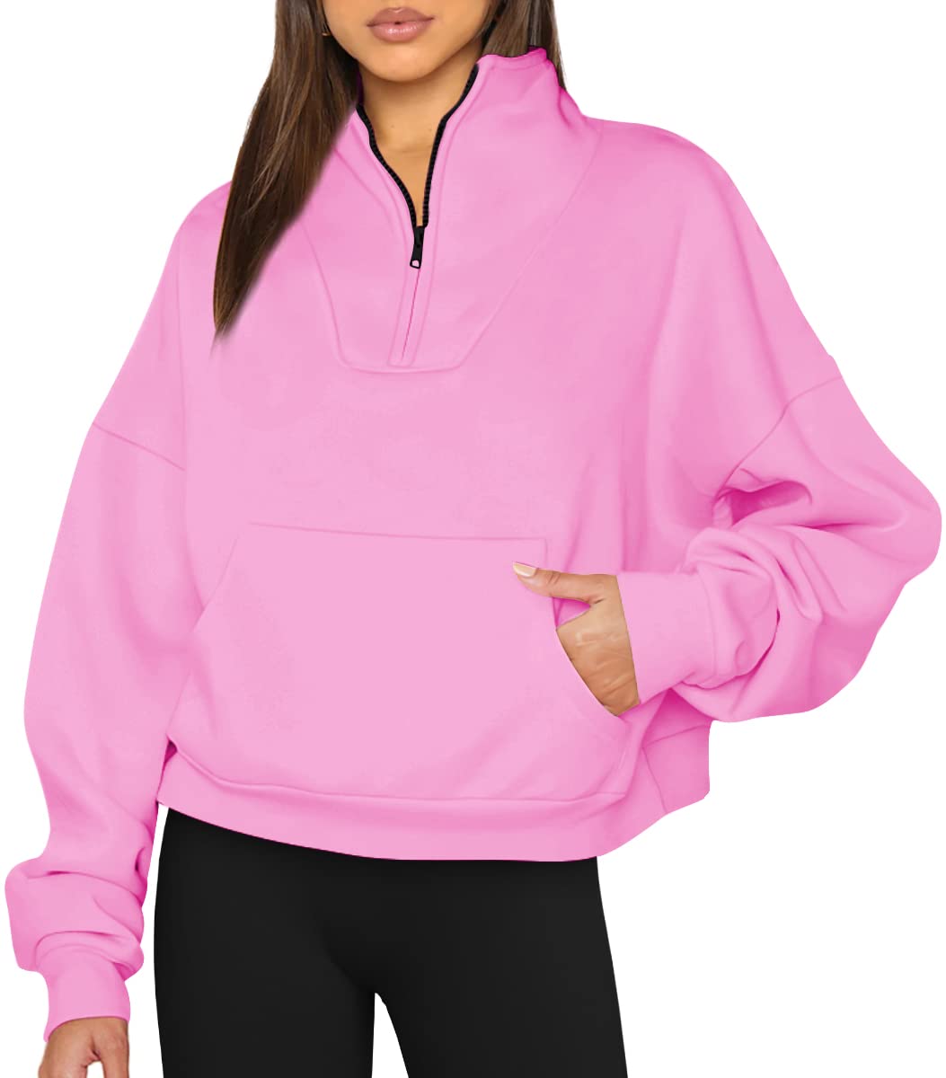 Trendy Queen Preppy clothes Pink Oversized Hoodies Half Quarter Zip  Pullover Sweatshirts Womens Teen girls cute Y2K Fall