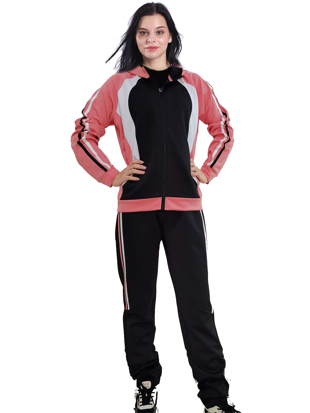 Facitisu Womens Tracksuit 2 Piece Athletic color Block Zip Jacket Striped Joggers Sweatsuits Set coral Small