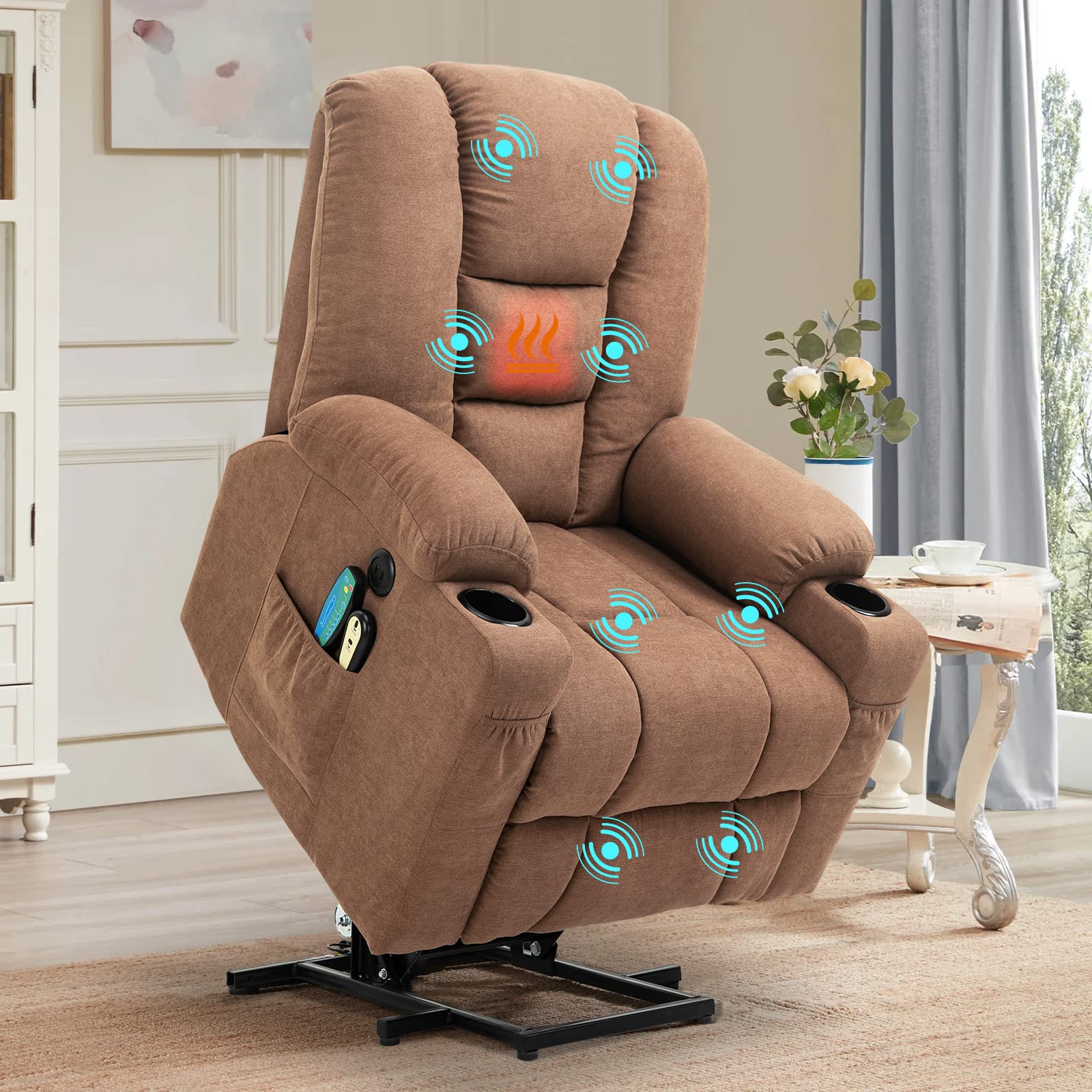 Meetwarm Power Lift Chair Electric Recliner For Elderly Heated Vibration Massage Soft Fabric Recliner Chair With 2 Remote Contro