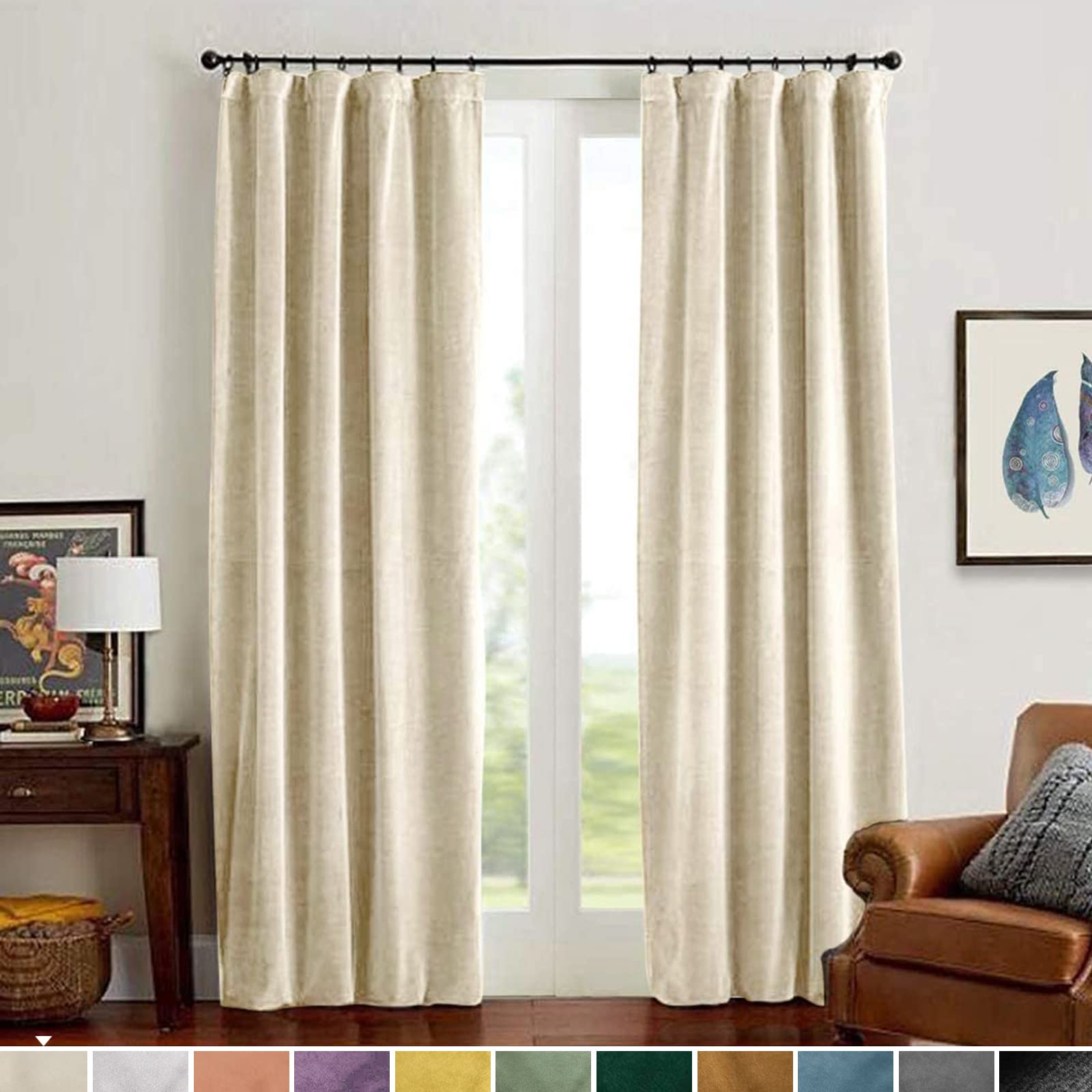 Lazzzy Velvet curtain Panels Beige Thermal Insulated Rod Pocket Super Soft Luxury Drapes Home Decor Living Room for Bedroom Wind