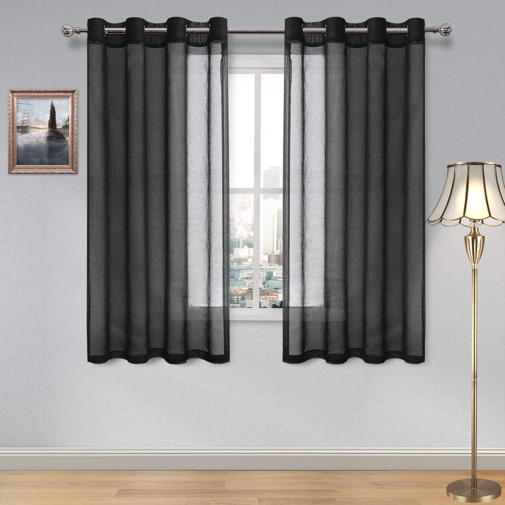 DWcN Sheer curtains Faux Linen grommet Window curtain Voile Sheer Drapes for Living Room Set of 2 Panels 52 x 45 Inch Long,Black