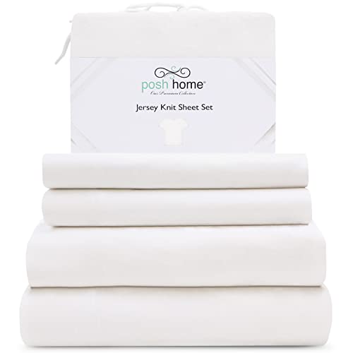 Posh Home Jersey Knit Sheet Set - 4-Piece Jersey Bed Sheets - T-Shirt Breathable Soft Cotton Jersey Sheets - Includes Flat Sheet