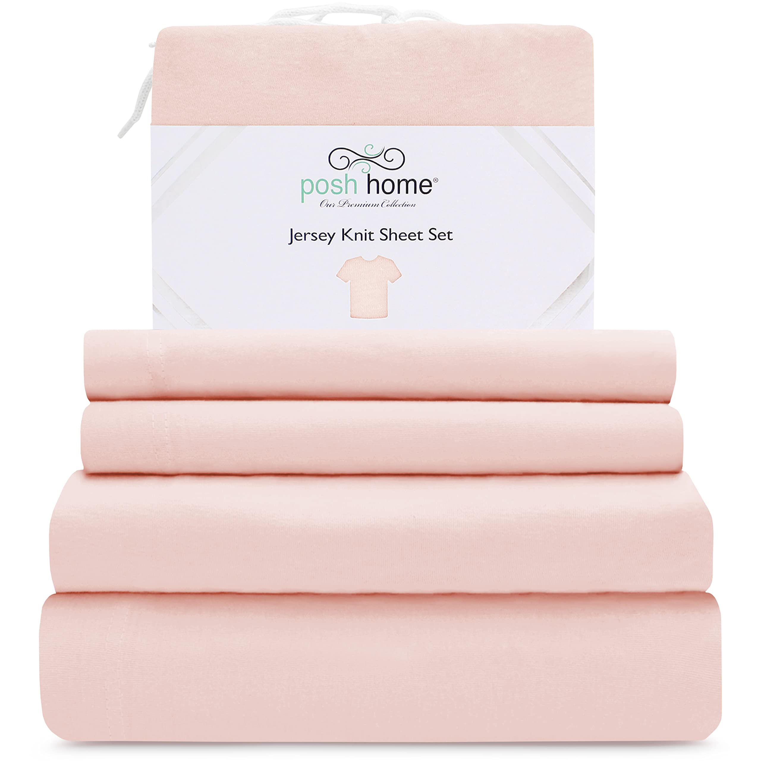 Posh Home Jersey Knit Sheet Set - 4-Piece Jersey Bed Sheets - T-Shirt Breathable & Soft cotton Jersey Sheets - Includes Flat She
