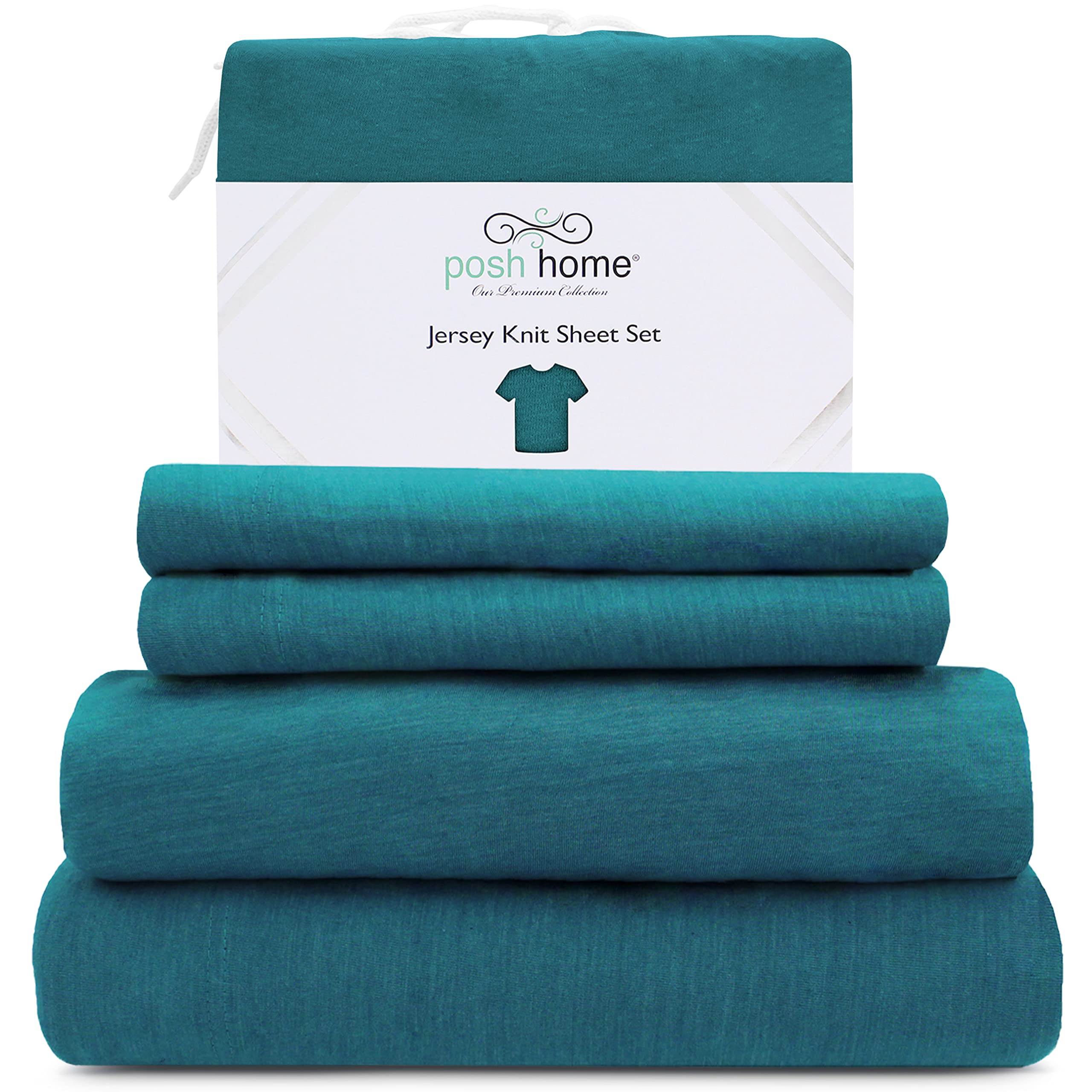 Posh Home Jersey Knit Sheet Set - 4-Piece Jersey Bed Sheets - T-Shirt Breathable & Soft cotton Jersey Sheets - Includes Flat She