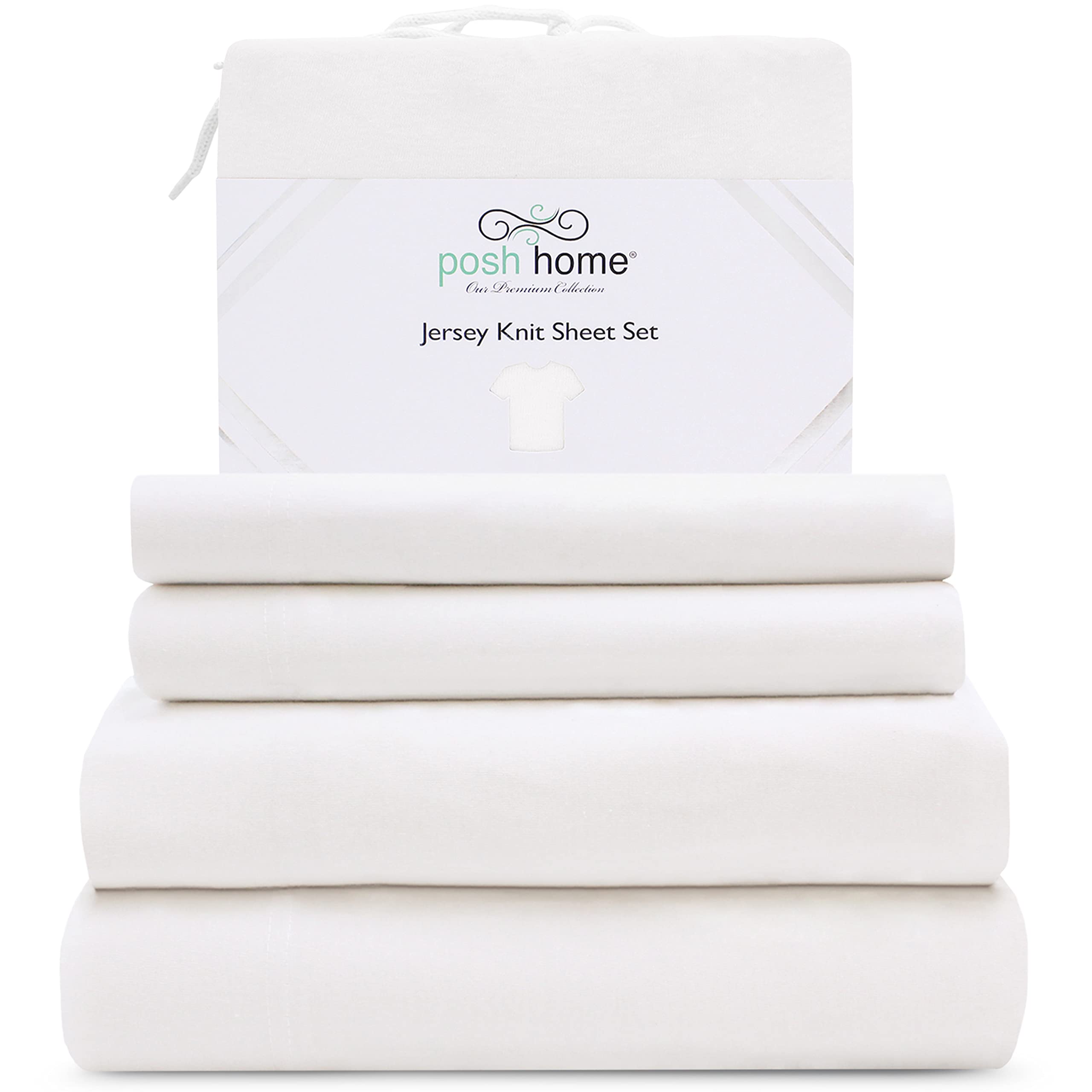 Posh Home Jersey Knit Sheet Set - 3-Piece Jersey Bed Sheets - T-Shirt Breathable Soft Cotton Jersey Sheets - Includes Flat Sheet
