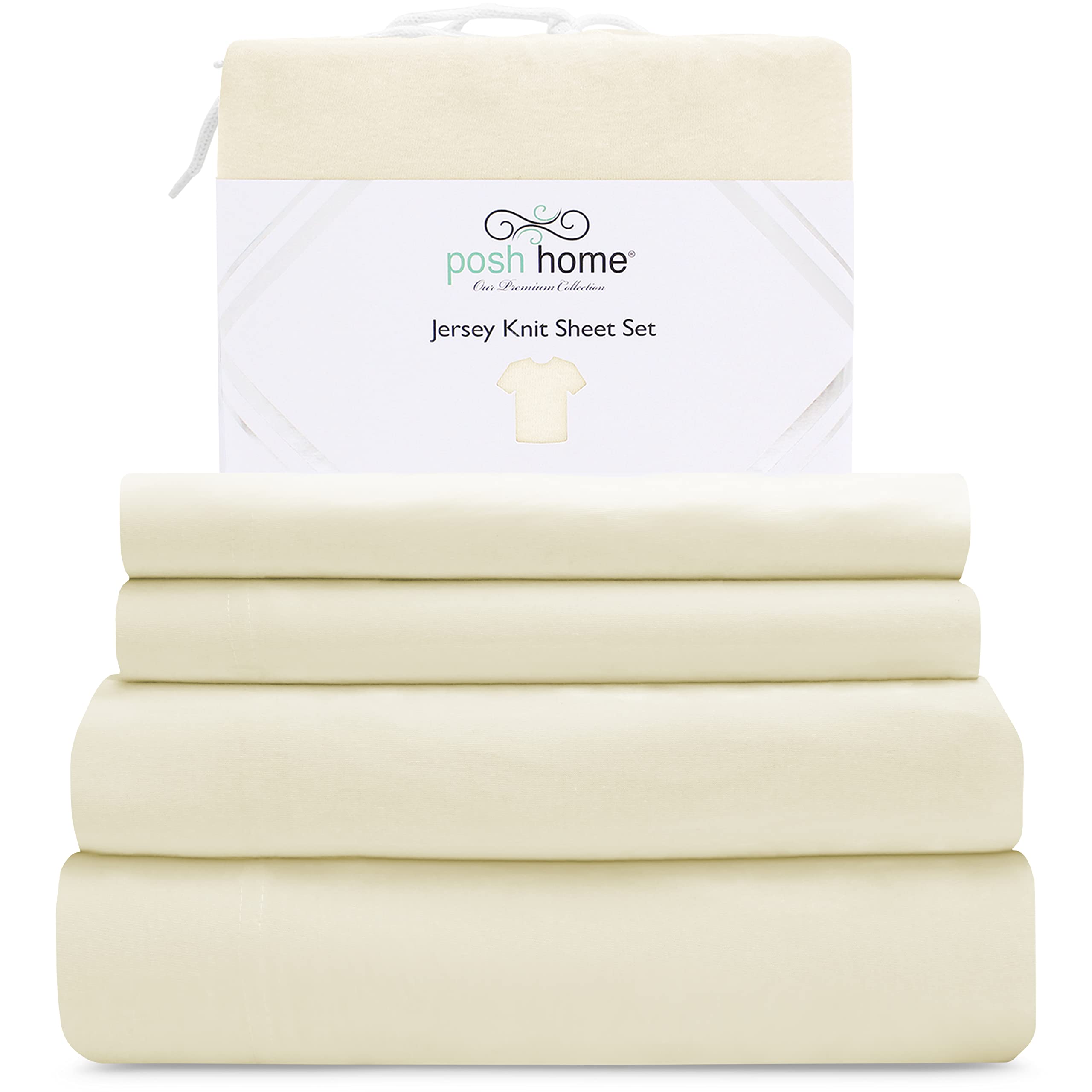 Posh Home Jersey Knit Sheet Set - 3-Piece Jersey Bed Sheets - T-Shirt Breathable & Soft cotton Jersey Sheets - Includes Flat She